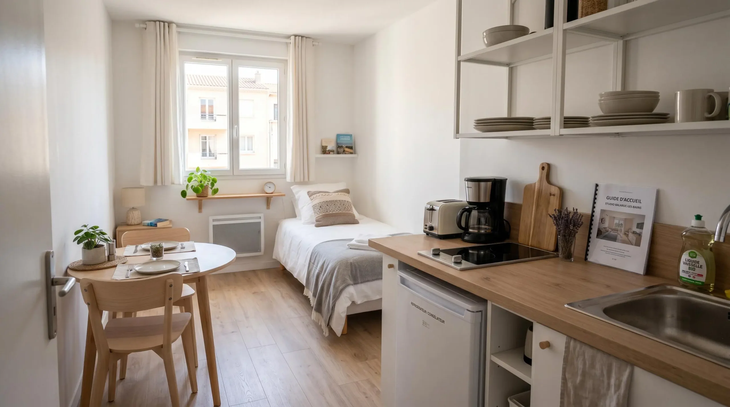Intérieur d'un studio meublé de tourisme de 20 m² à Balaruc-les-Bains avec coin cuisine équipé, lit et table, décoration épurée tons clairs et lumière naturelle