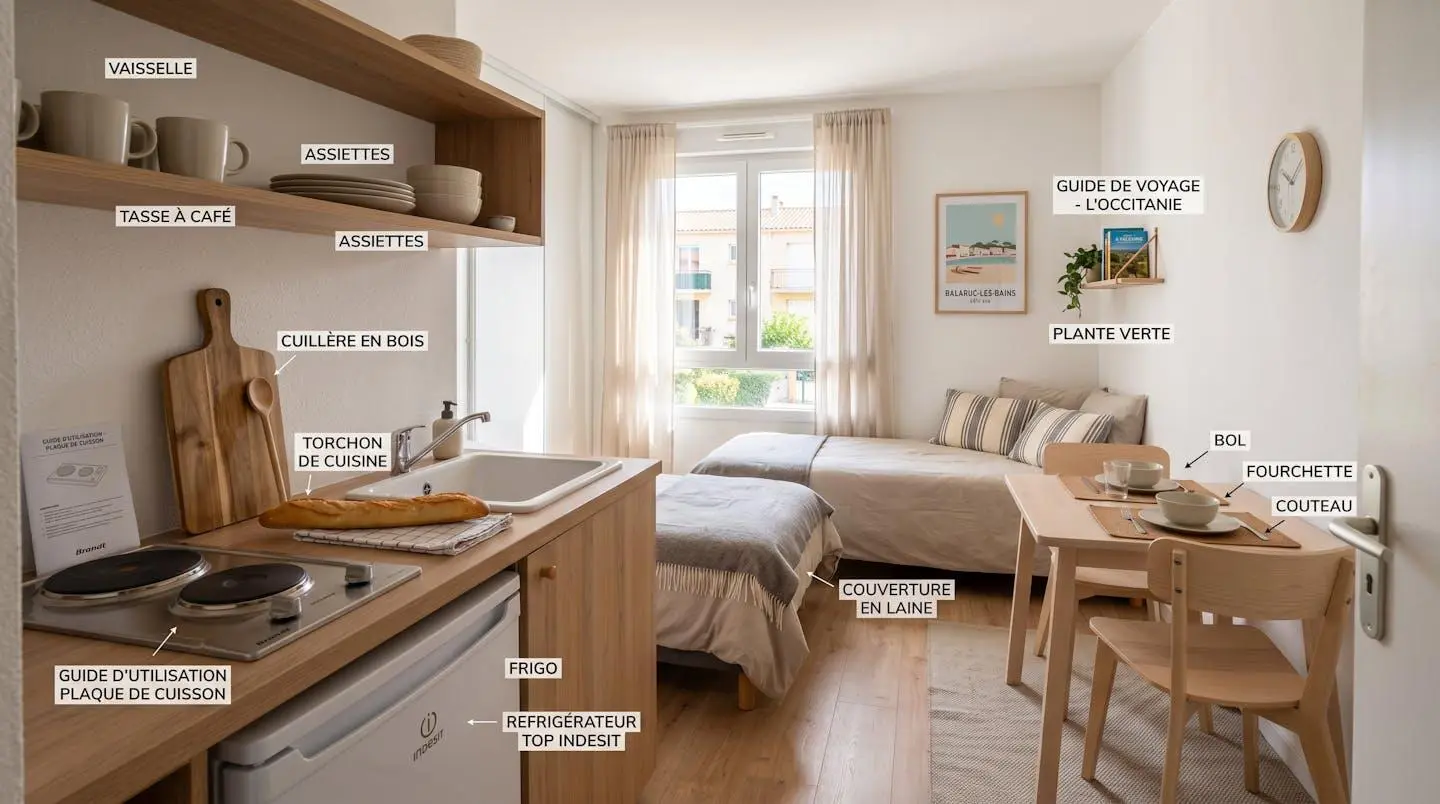 Intérieur d'un studio meublé de tourisme de 20 m² à Balaruc-les-Bains avec coin cuisine équipé, lit et table, décoration épurée tons clairs et lumière naturelle