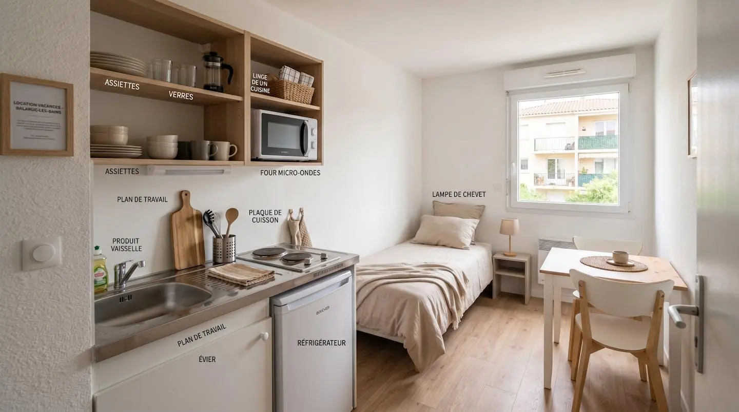 Intérieur d'un studio meublé de tourisme de 20 m² à Balaruc-les-Bains avec coin cuisine équipé, lit et table, décoration épurée tons clairs et lumière naturelle