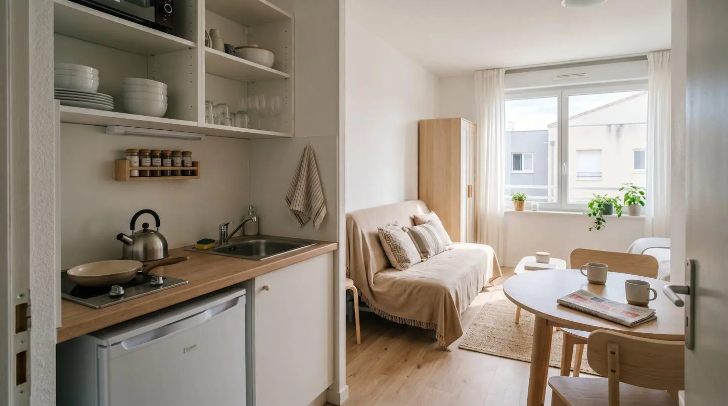 Intérieur d'un studio meublé de tourisme de 20 m² à Balaruc-les-Bains avec coin cuisine équipé, lit et table, décoration épurée tons clairs et lumière naturelle