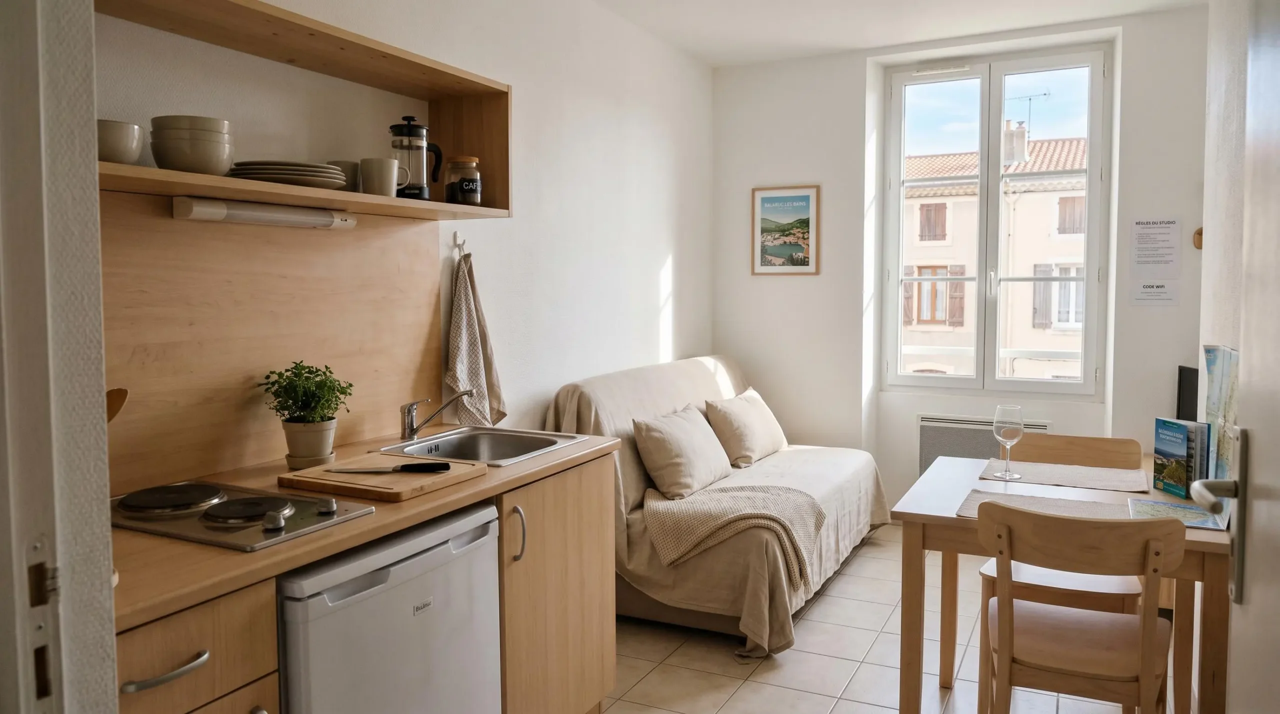 Intérieur d'un studio meublé de tourisme de 20 m² à Balaruc-les-Bains avec coin cuisine équipé, lit et table, décoration épurée tons clairs et lumière naturelle