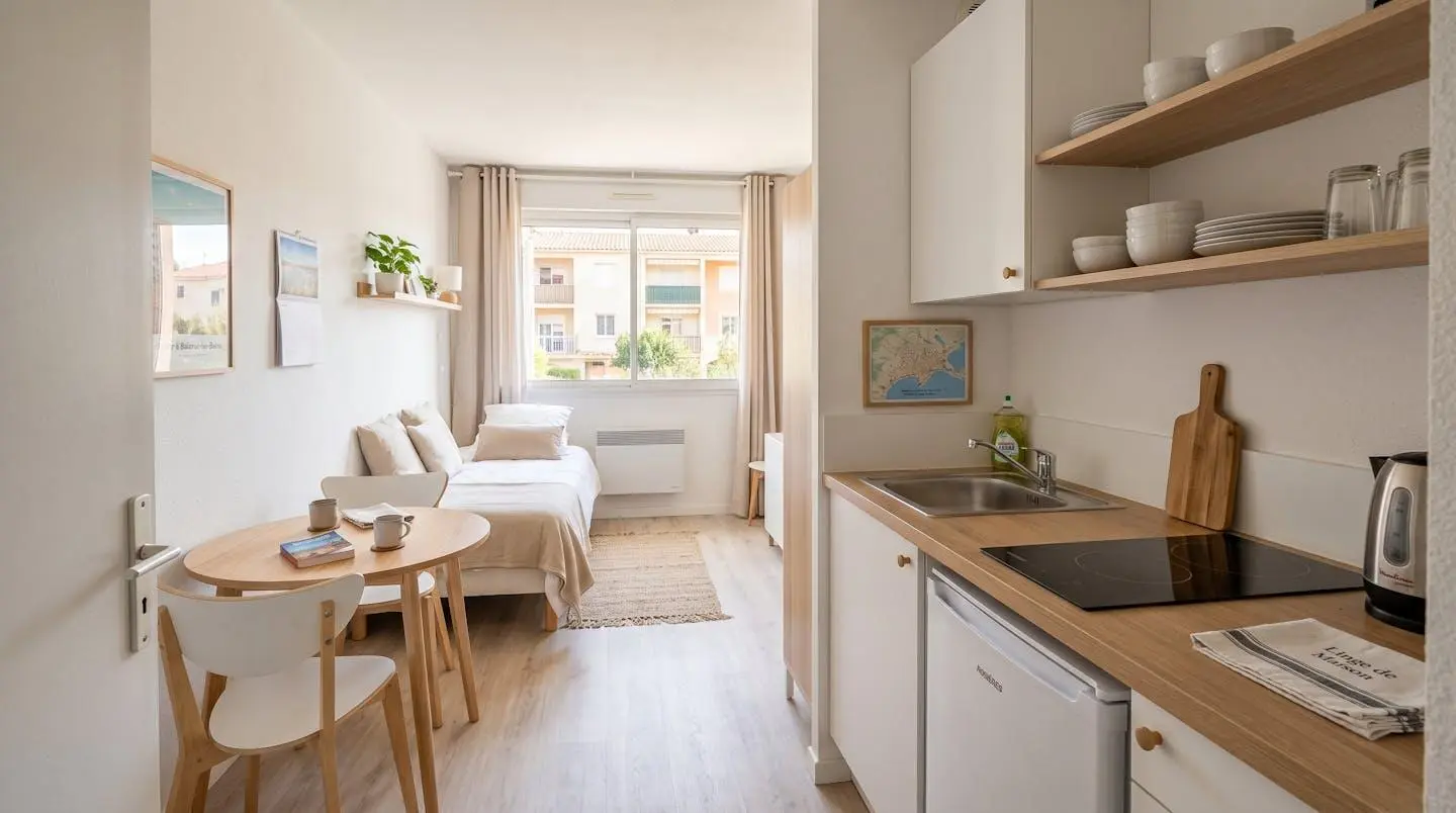 Intérieur d'un studio meublé de tourisme de 20 m² à Balaruc-les-Bains avec coin cuisine équipé, lit et table, décoration épurée tons clairs et lumière naturelle