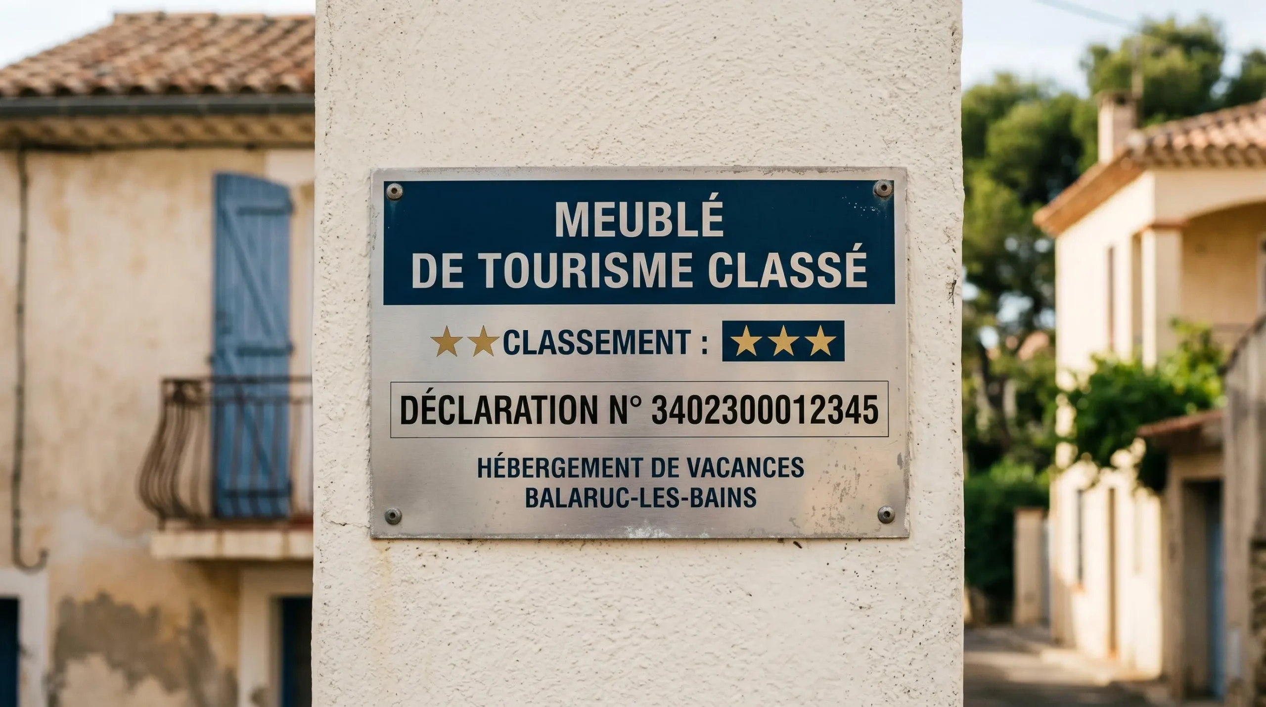 Gros plan sur une plaque officielle de numéro d'enregistrement d'un meublé de tourisme classé avec étoiles, apposée sur le mur extérieur d'un immeuble à Balaruc-les-Bains