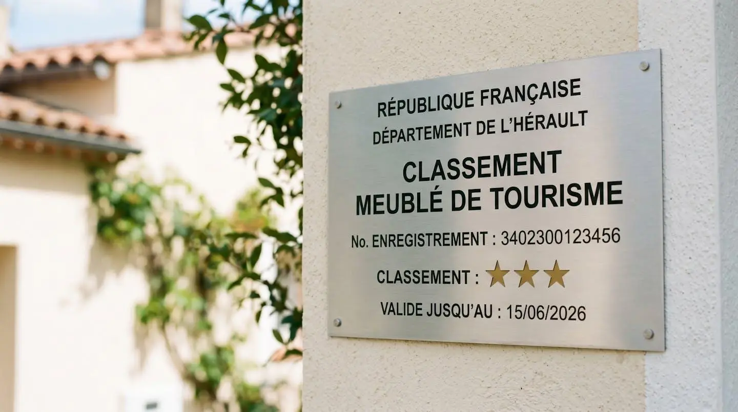 Gros plan sur une plaque officielle de numéro d'enregistrement d'un meublé de tourisme classé avec étoiles, apposée sur le mur extérieur d'un immeuble à Balaruc-les-Bains