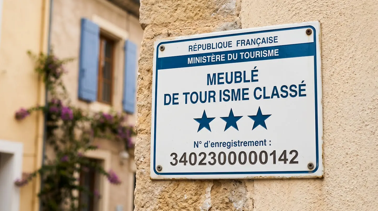 Gros plan sur une plaque officielle de numéro d'enregistrement d'un meublé de tourisme classé avec étoiles, apposée sur le mur extérieur d'un immeuble à Balaruc-les-Bains