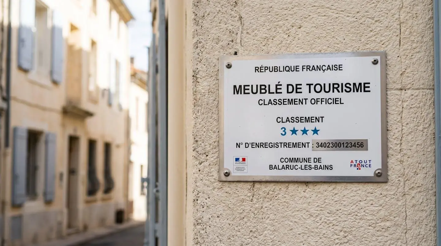 Gros plan sur une plaque officielle de numéro d'enregistrement d'un meublé de tourisme classé avec étoiles, apposée sur le mur extérieur d'un immeuble à Balaruc-les-Bains