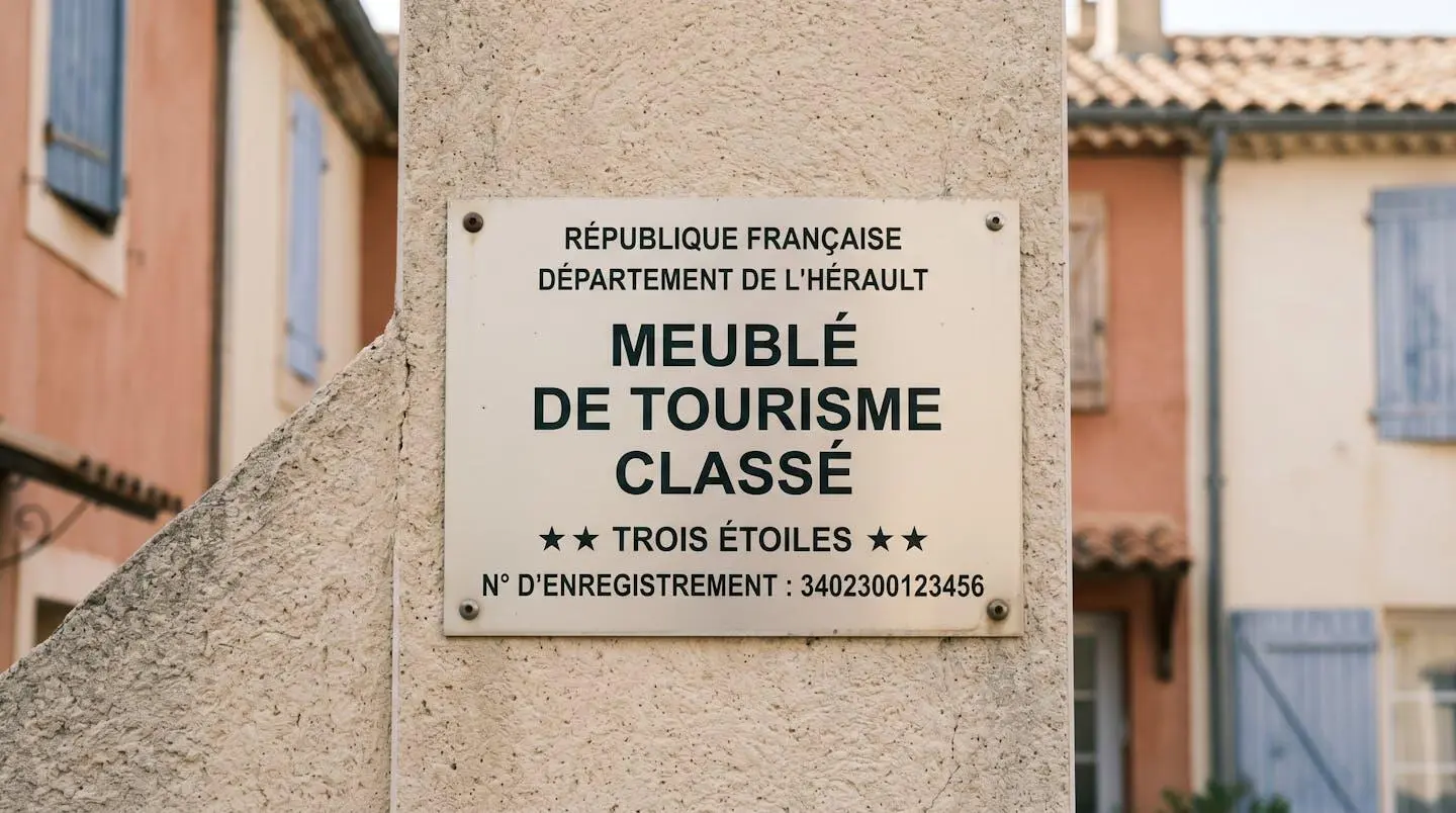 Gros plan sur une plaque officielle de numéro d'enregistrement d'un meublé de tourisme classé avec étoiles, apposée sur le mur extérieur d'un immeuble à Balaruc-les-Bains
