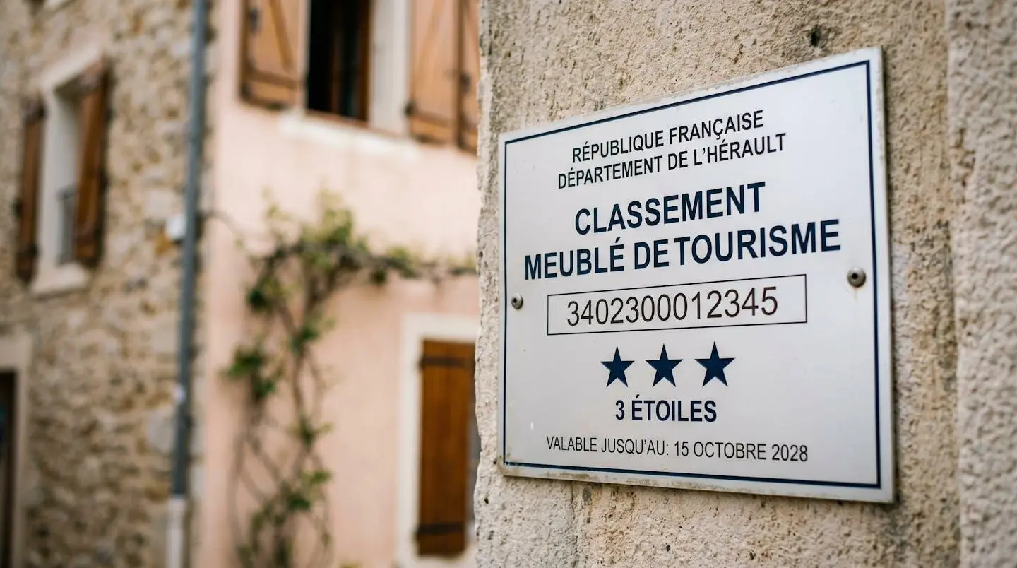 Gros plan sur une plaque officielle de numéro d'enregistrement d'un meublé de tourisme classé avec étoiles, apposée sur le mur extérieur d'un immeuble à Balaruc-les-Bains