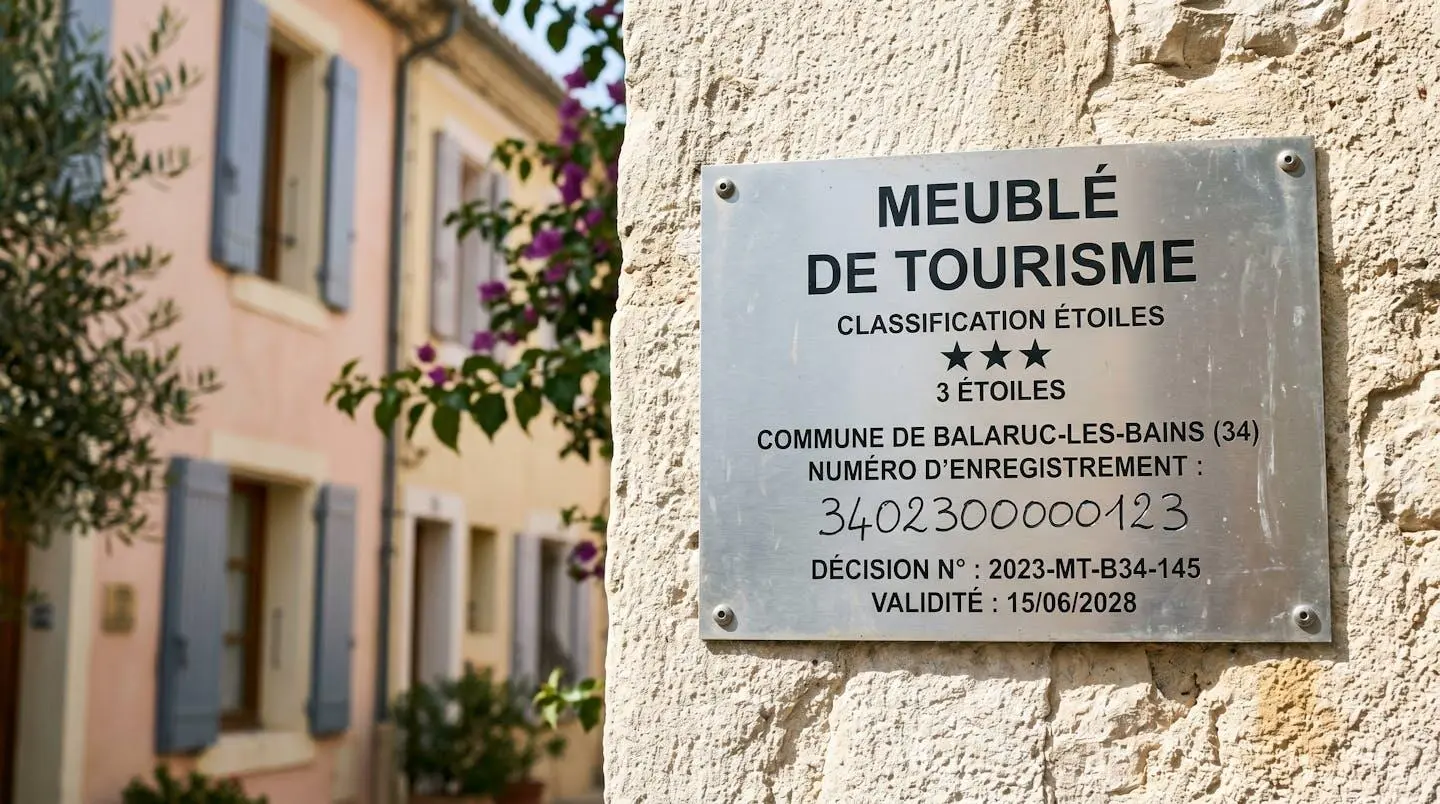Gros plan sur une plaque officielle de numéro d'enregistrement d'un meublé de tourisme classé avec étoiles, apposée sur le mur extérieur d'un immeuble à Balaruc-les-Bains