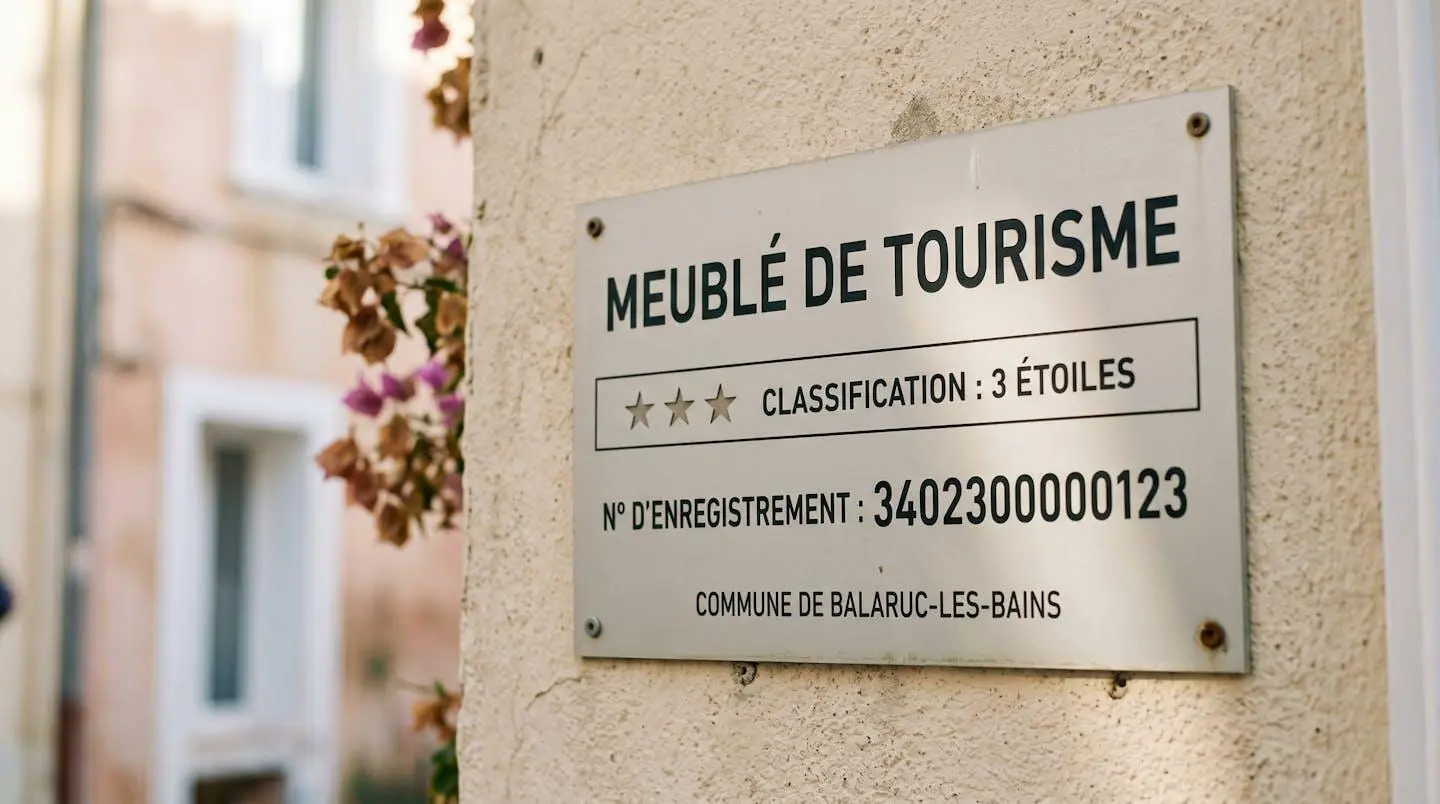 Gros plan sur une plaque officielle de numéro d'enregistrement d'un meublé de tourisme classé avec étoiles, apposée sur le mur extérieur d'un immeuble à Balaruc-les-Bains