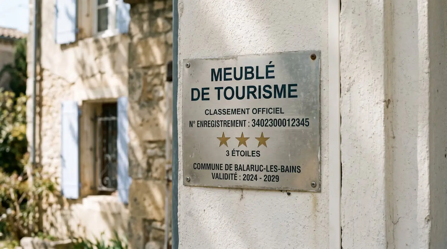 Gros plan sur une plaque officielle de numéro d'enregistrement d'un meublé de tourisme classé avec étoiles, apposée sur le mur extérieur d'un immeuble à Balaruc-les-Bains