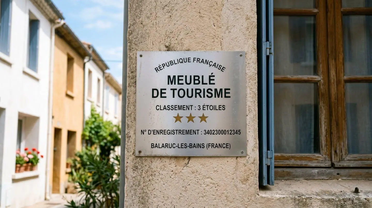Gros plan sur une plaque officielle de numéro d'enregistrement d'un meublé de tourisme classé avec étoiles, apposée sur le mur extérieur d'un immeuble à Balaruc-les-Bains