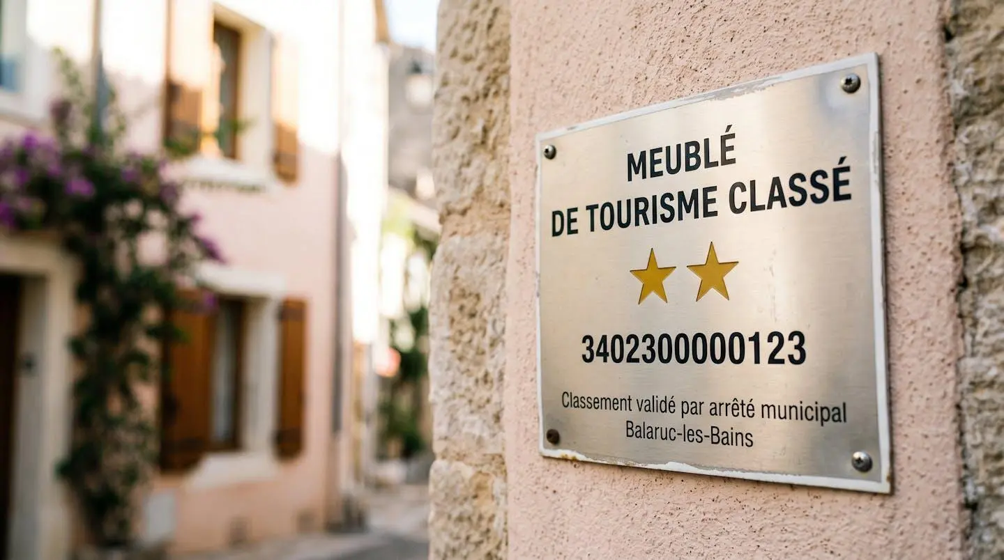 Gros plan sur une plaque officielle de numéro d'enregistrement d'un meublé de tourisme classé avec étoiles, apposée sur le mur extérieur d'un immeuble à Balaruc-les-Bains