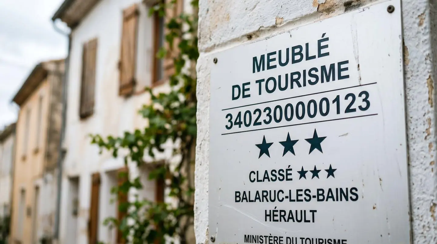 Gros plan sur une plaque officielle de numéro d'enregistrement d'un meublé de tourisme classé avec étoiles, apposée sur le mur extérieur d'un immeuble à Balaruc-les-Bains