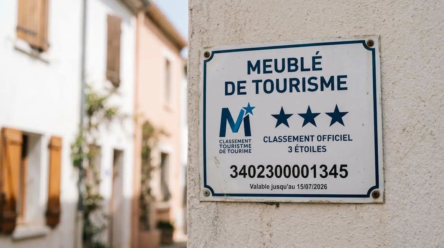 Gros plan sur une plaque officielle de numéro d'enregistrement d'un meublé de tourisme classé avec étoiles, apposée sur le mur extérieur d'un immeuble à Balaruc-les-Bains