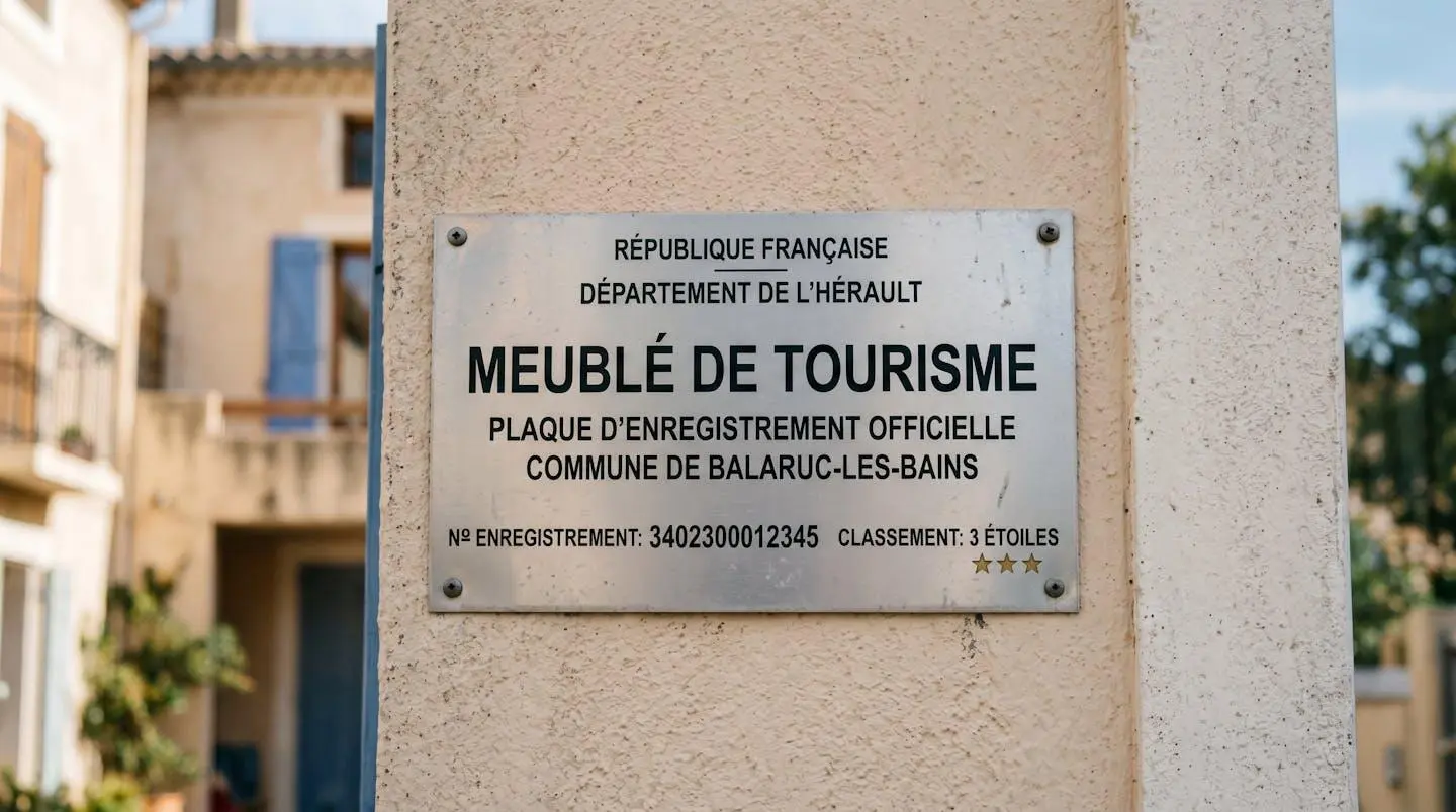 Gros plan sur une plaque officielle de numéro d'enregistrement d'un meublé de tourisme classé avec étoiles, apposée sur le mur extérieur d'un immeuble à Balaruc-les-Bains