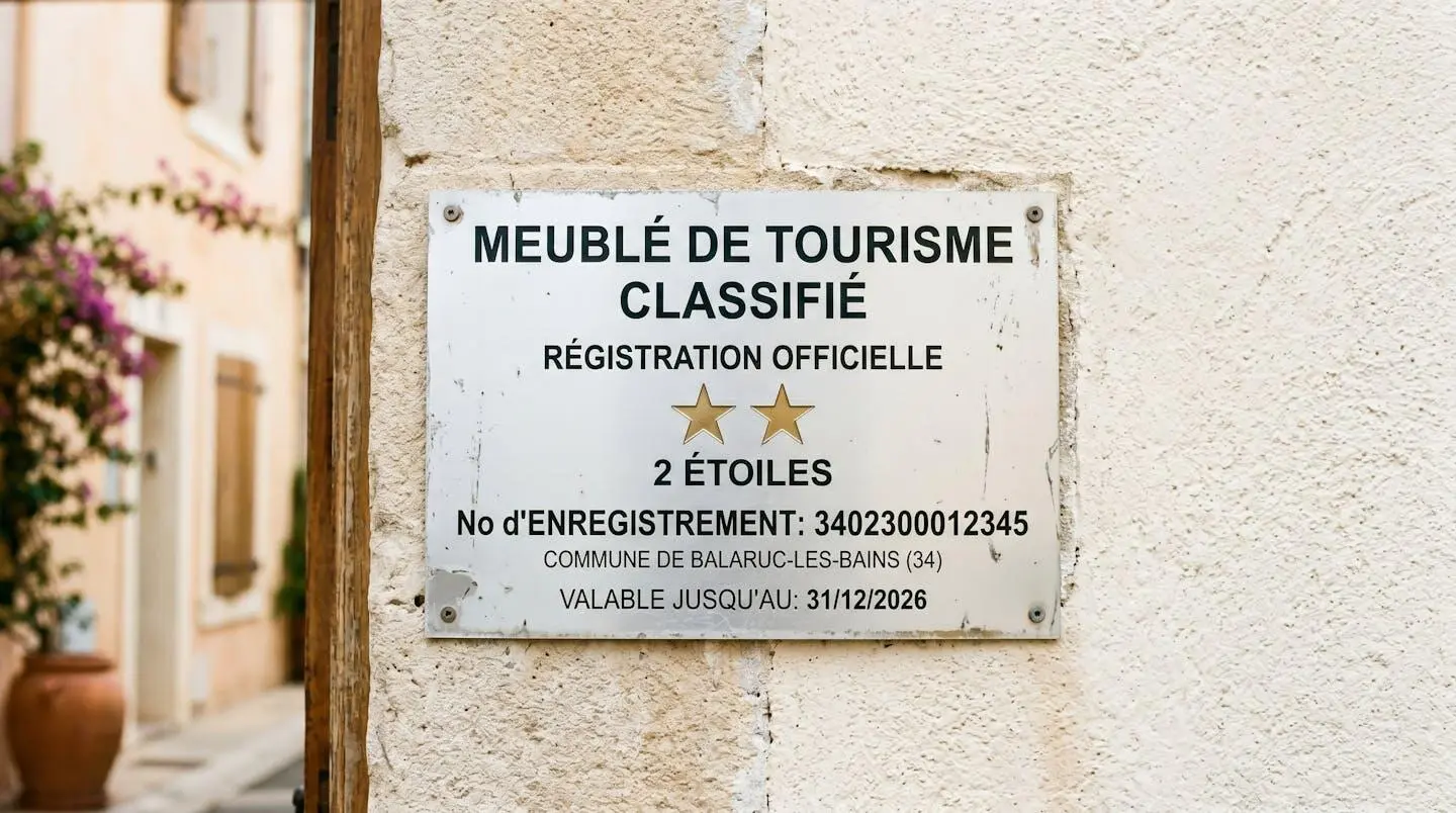 Gros plan sur une plaque officielle de numéro d'enregistrement d'un meublé de tourisme classé avec étoiles, apposée sur le mur extérieur d'un immeuble à Balaruc-les-Bains