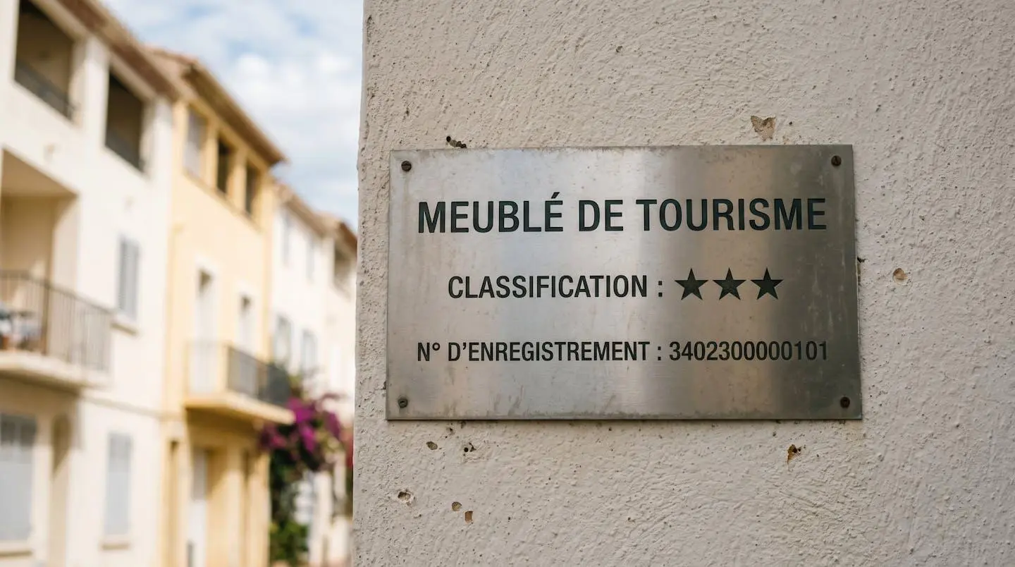 Gros plan sur une plaque officielle de numéro d'enregistrement d'un meublé de tourisme classé avec étoiles, apposée sur le mur extérieur d'un immeuble à Balaruc-les-Bains