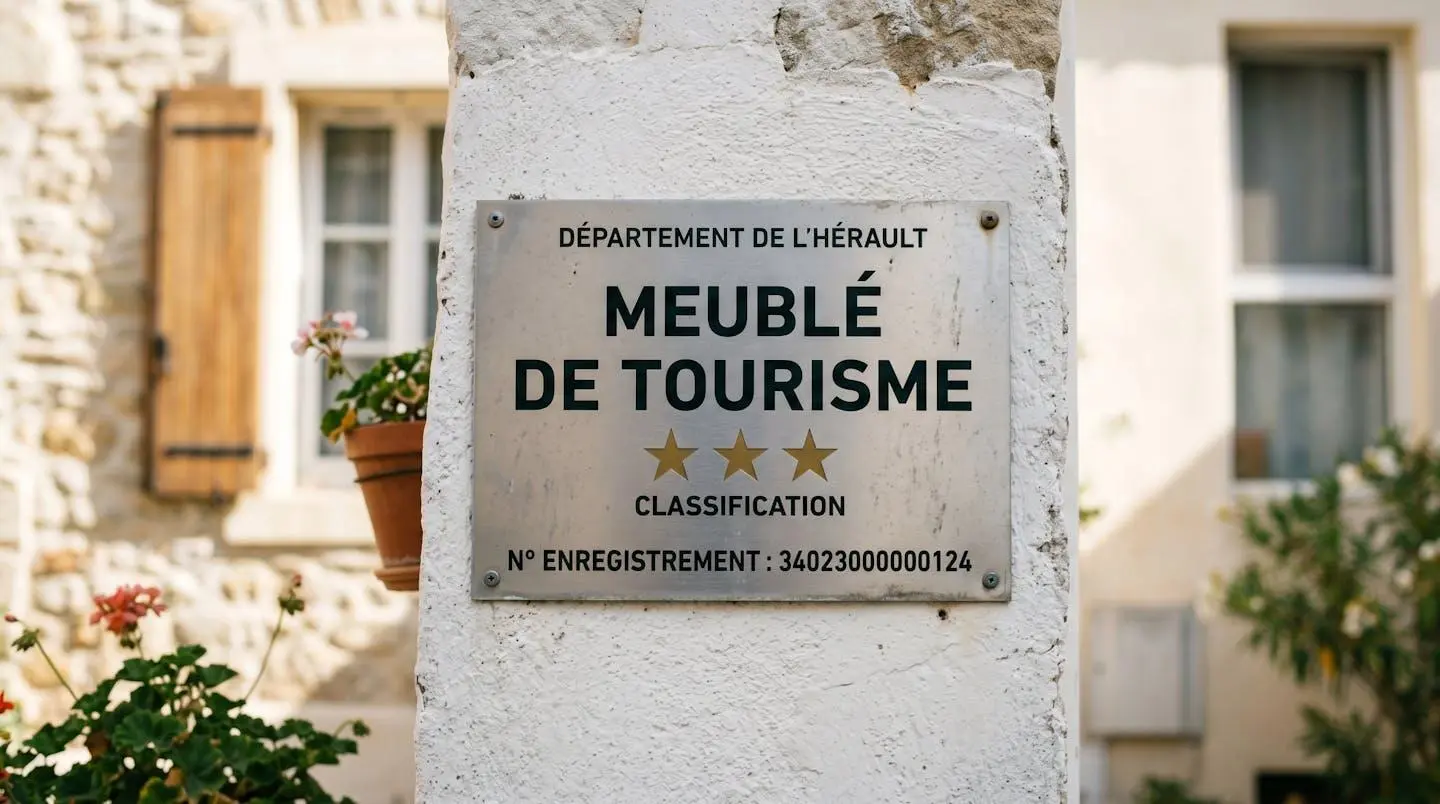 Gros plan sur une plaque officielle de numéro d'enregistrement d'un meublé de tourisme classé avec étoiles, apposée sur le mur extérieur d'un immeuble à Balaruc-les-Bains