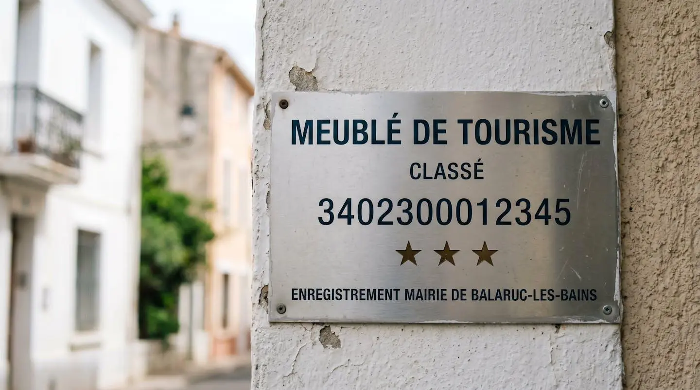 Gros plan sur une plaque officielle de numéro d'enregistrement d'un meublé de tourisme classé avec étoiles, apposée sur le mur extérieur d'un immeuble à Balaruc-les-Bains