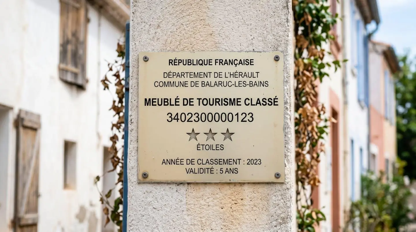 Gros plan sur une plaque officielle de numéro d'enregistrement d'un meublé de tourisme classé avec étoiles, apposée sur le mur extérieur d'un immeuble à Balaruc-les-Bains