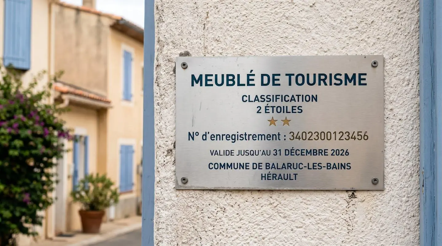 Gros plan sur une plaque officielle de numéro d'enregistrement d'un meublé de tourisme classé avec étoiles, apposée sur le mur extérieur d'un immeuble à Balaruc-les-Bains