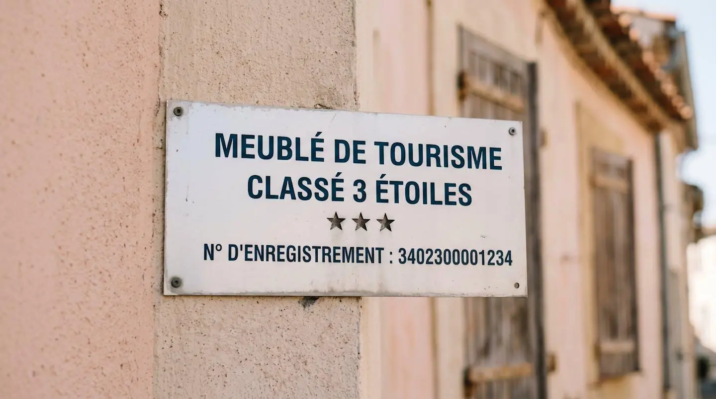 Gros plan sur une plaque officielle de numéro d'enregistrement d'un meublé de tourisme classé avec étoiles, apposée sur le mur extérieur d'un immeuble à Balaruc-les-Bains