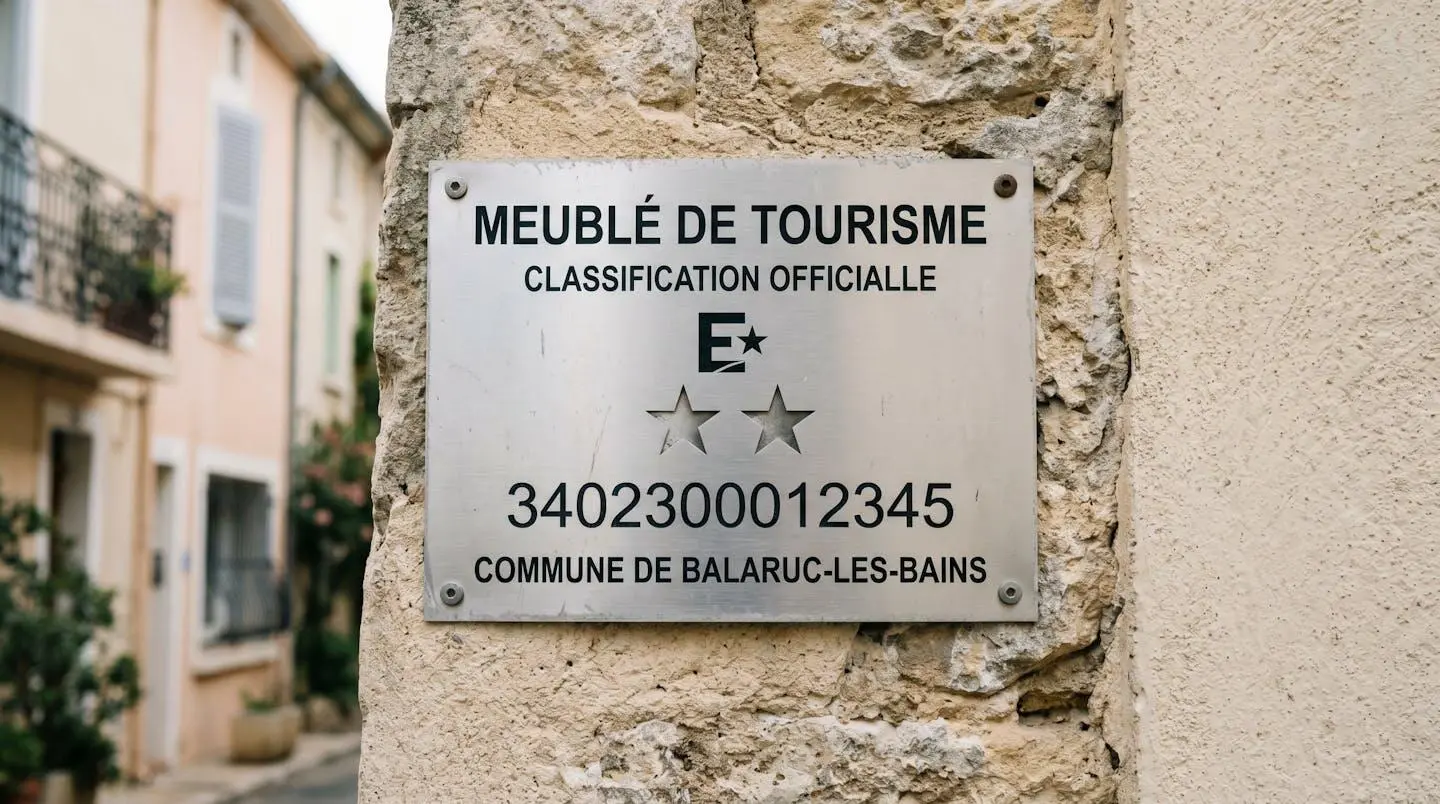 Gros plan sur une plaque officielle de numéro d'enregistrement d'un meublé de tourisme classé avec étoiles, apposée sur le mur extérieur d'un immeuble à Balaruc-les-Bains