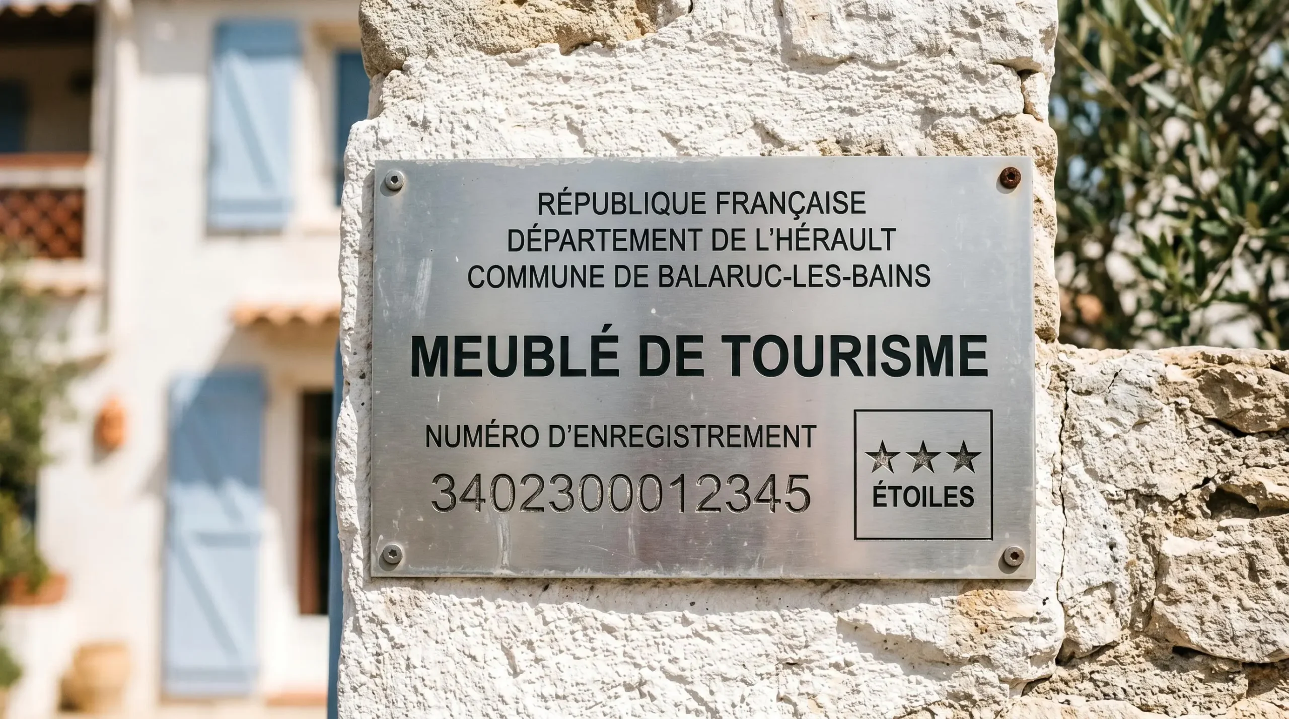 Gros plan sur une plaque officielle de numéro d'enregistrement d'un meublé de tourisme classé avec étoiles, apposée sur le mur extérieur d'un immeuble à Balaruc-les-Bains