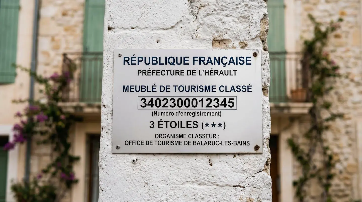 Gros plan sur une plaque officielle de numéro d'enregistrement d'un meublé de tourisme classé avec étoiles, apposée sur le mur extérieur d'un immeuble à Balaruc-les-Bains