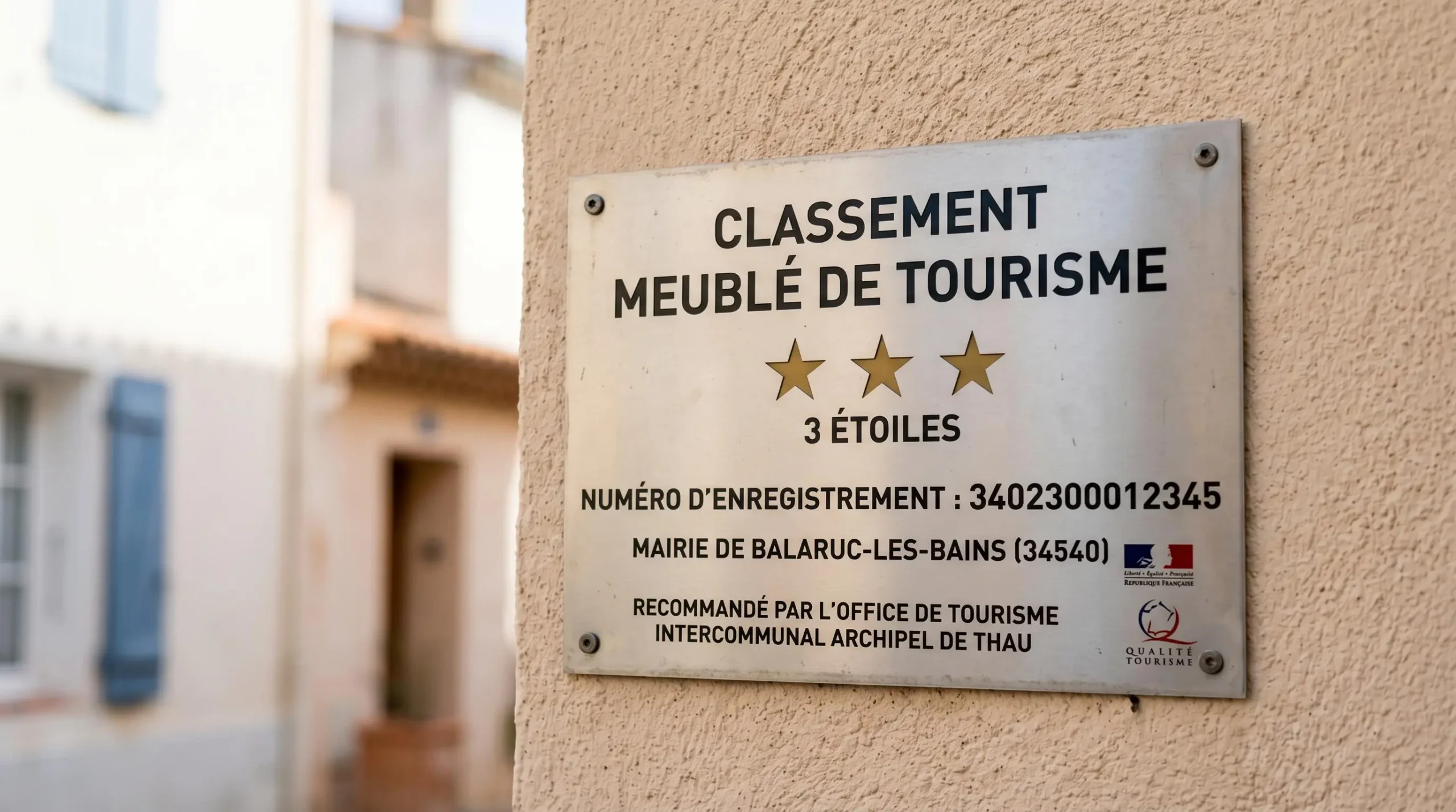 Gros plan sur une plaque officielle de numéro d'enregistrement d'un meublé de tourisme classé avec étoiles, apposée sur le mur extérieur d'un immeuble à Balaruc-les-Bains
