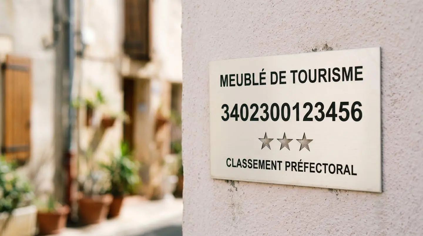 Gros plan sur une plaque officielle de numéro d'enregistrement d'un meublé de tourisme classé avec étoiles, apposée sur le mur extérieur d'un immeuble à Balaruc-les-Bains