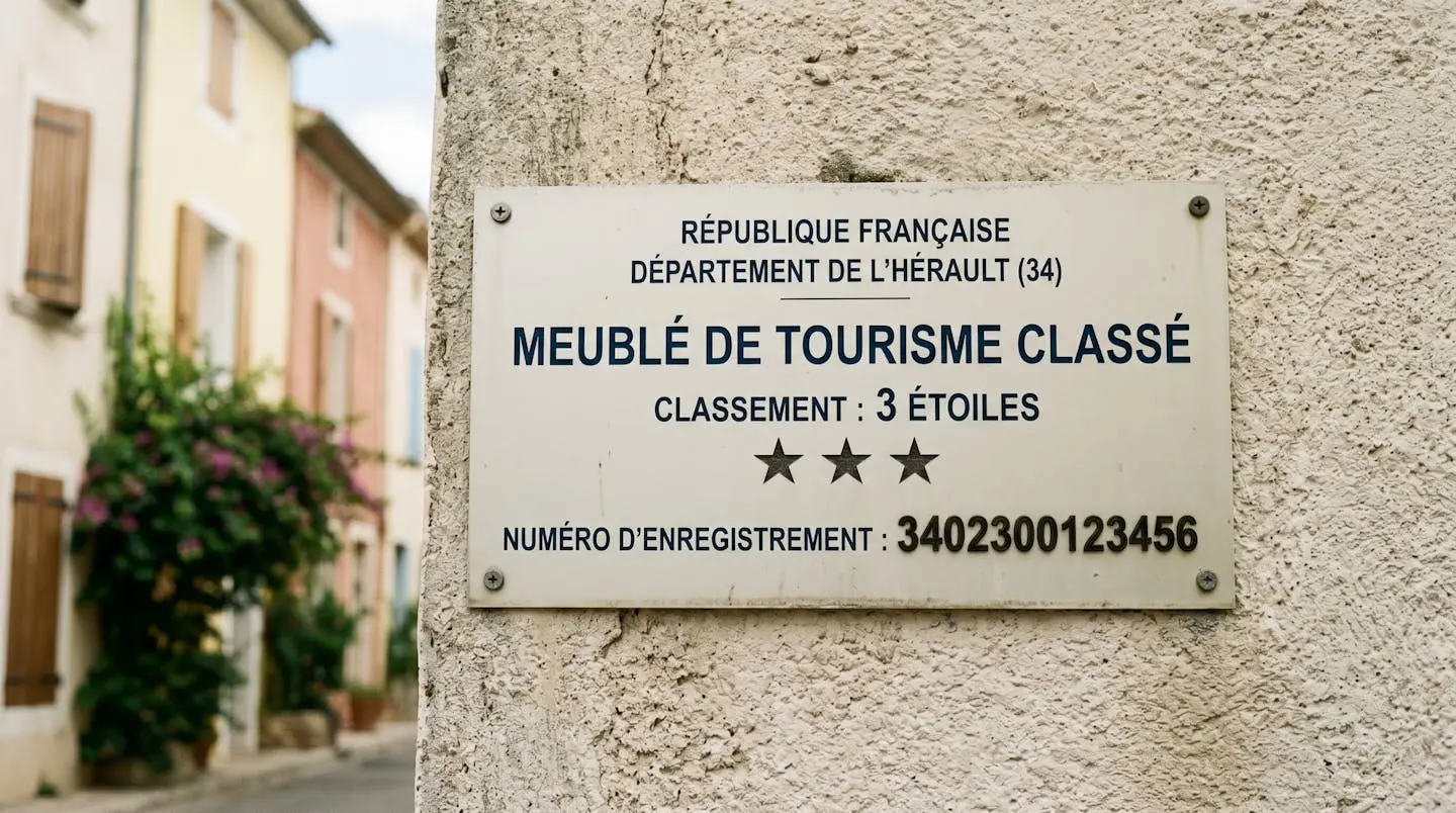 Gros plan sur une plaque officielle de numéro d'enregistrement d'un meublé de tourisme classé avec étoiles, apposée sur le mur extérieur d'un immeuble à Balaruc-les-Bains