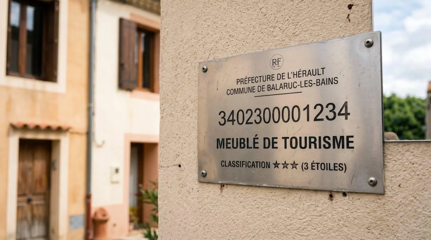 Gros plan sur une plaque officielle de numéro d'enregistrement d'un meublé de tourisme classé avec étoiles, apposée sur le mur extérieur d'un immeuble à Balaruc-les-Bains
