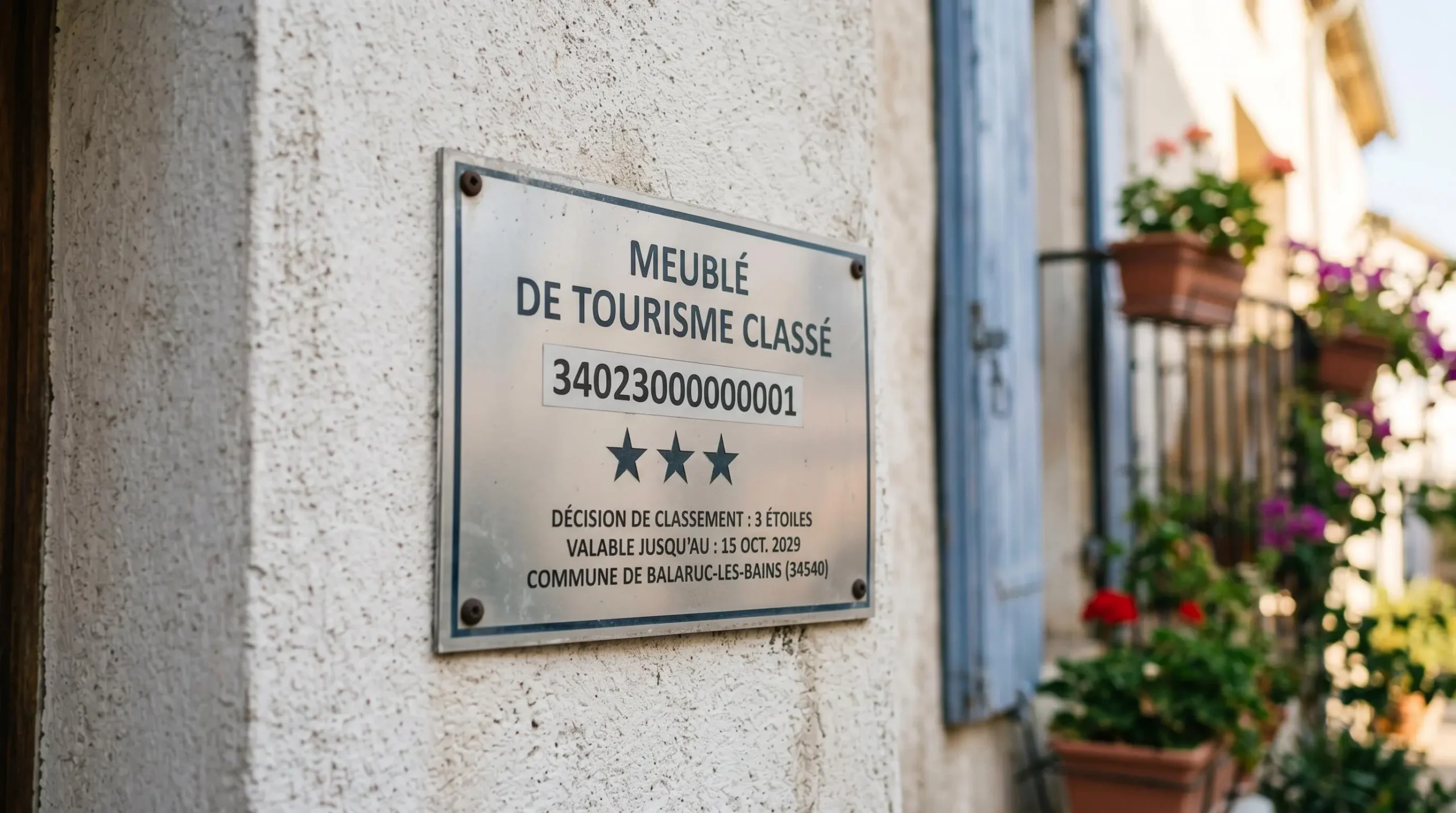 Gros plan sur une plaque officielle de numéro d'enregistrement d'un meublé de tourisme classé avec étoiles, apposée sur le mur extérieur d'un immeuble à Balaruc-les-Bains