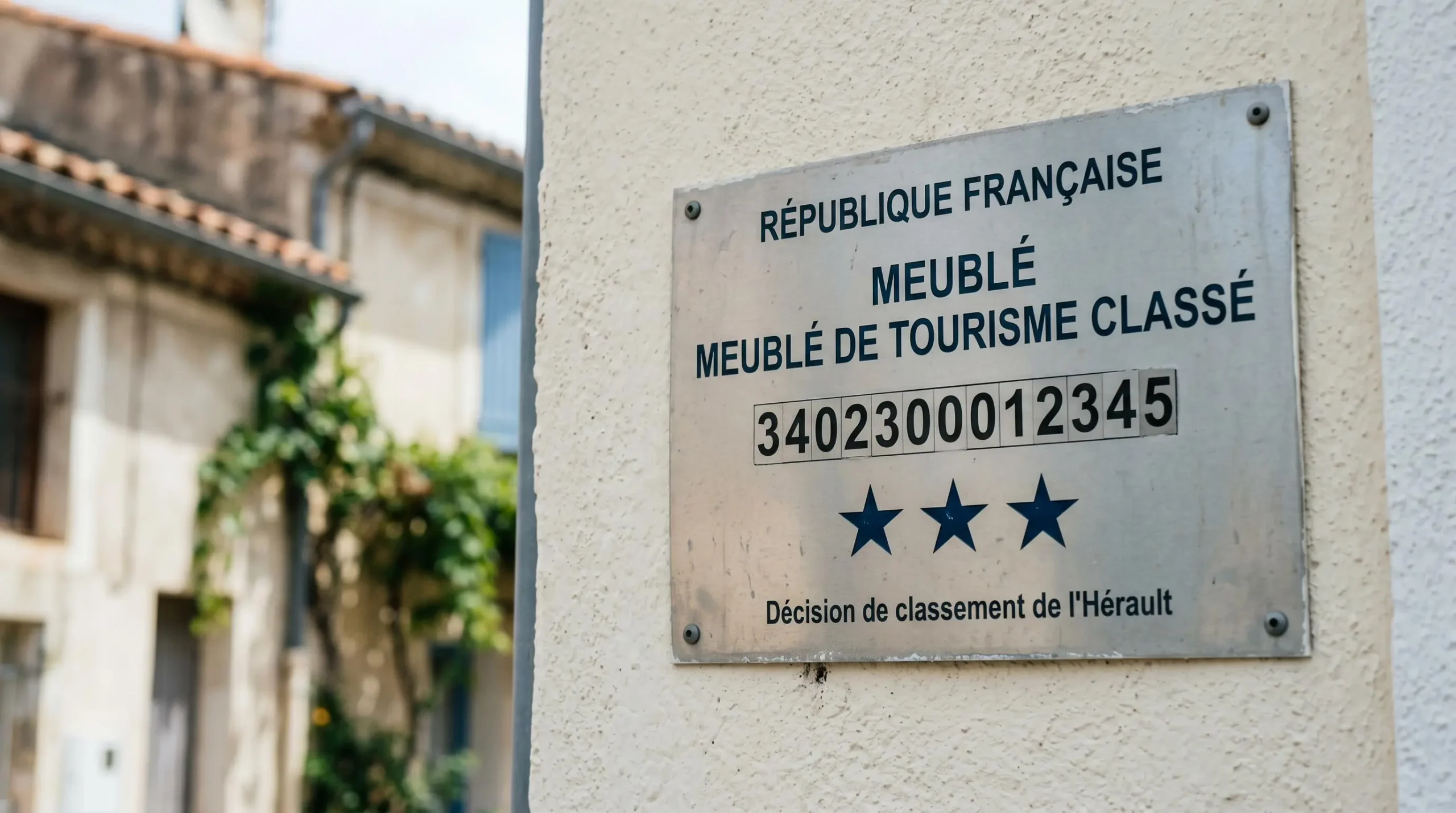 Gros plan sur une plaque officielle de numéro d'enregistrement d'un meublé de tourisme classé avec étoiles, apposée sur le mur extérieur d'un immeuble à Balaruc-les-Bains