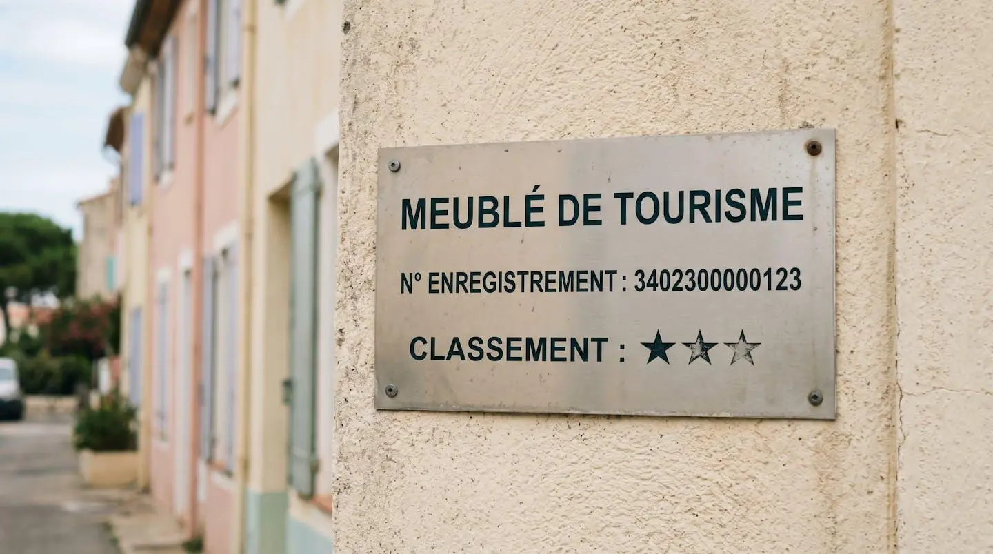 Gros plan sur une plaque officielle de numéro d'enregistrement d'un meublé de tourisme classé avec étoiles, apposée sur le mur extérieur d'un immeuble à Balaruc-les-Bains