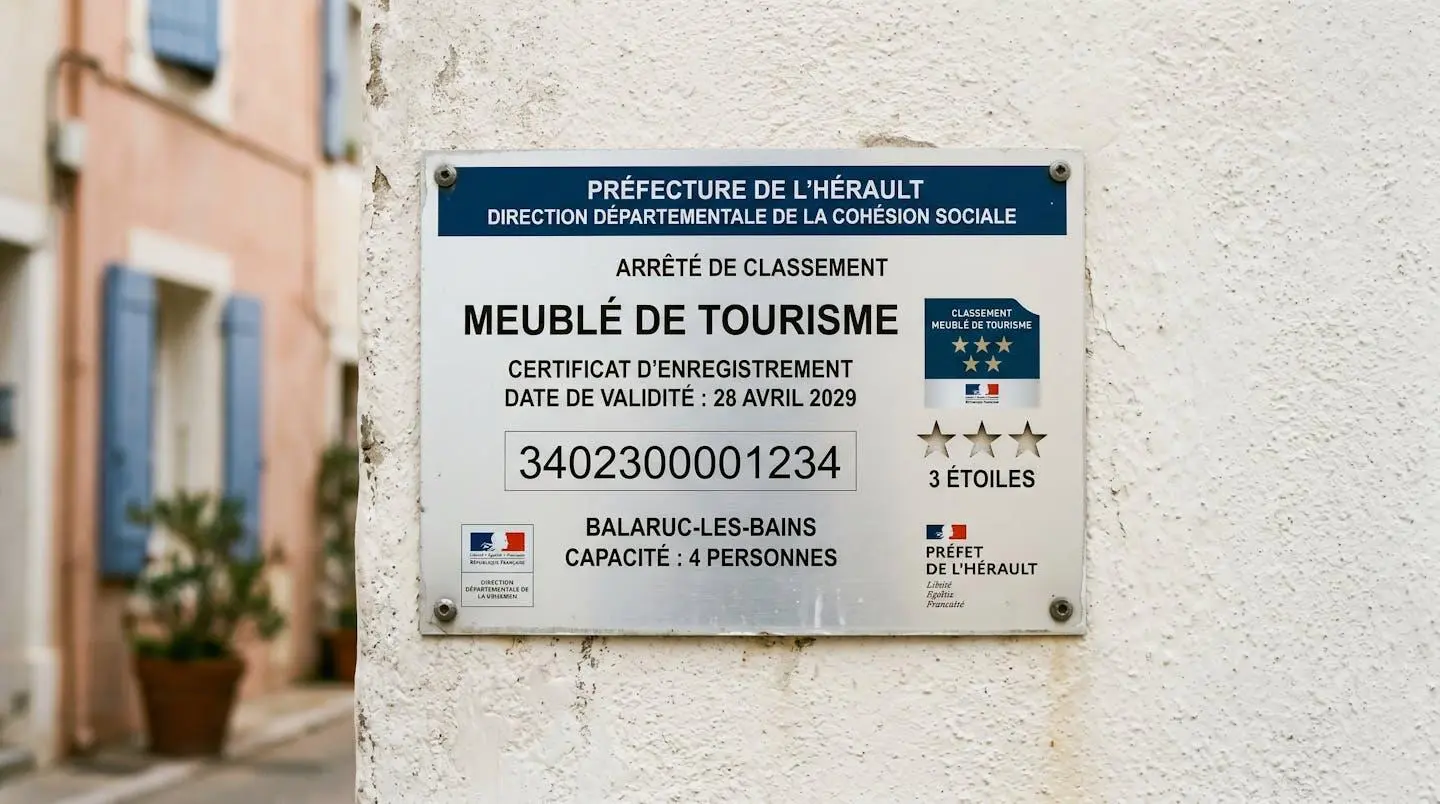 Gros plan sur une plaque officielle de numéro d'enregistrement d'un meublé de tourisme classé avec étoiles, apposée sur le mur extérieur d'un immeuble à Balaruc-les-Bains