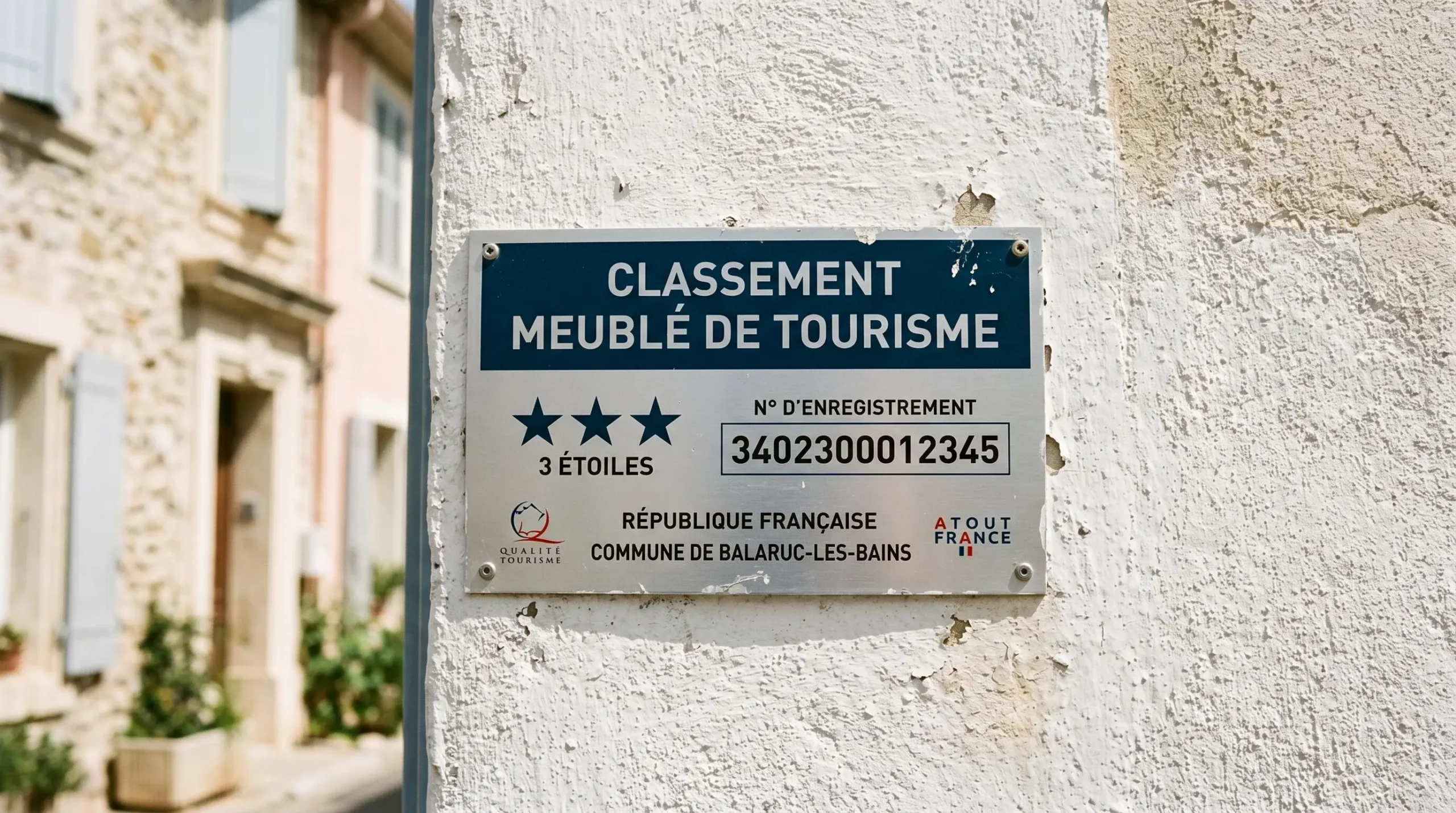Gros plan sur une plaque officielle de numéro d'enregistrement d'un meublé de tourisme classé avec étoiles, apposée sur le mur extérieur d'un immeuble à Balaruc-les-Bains