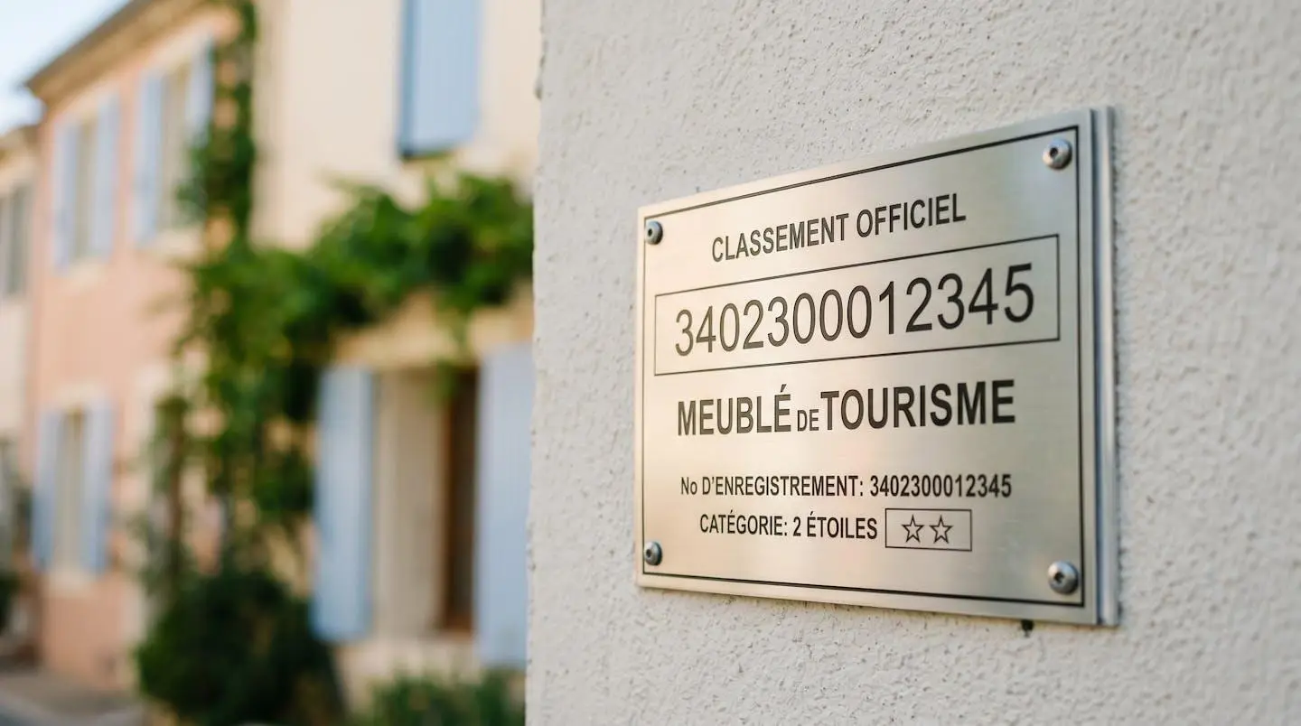Gros plan sur une plaque officielle de numéro d'enregistrement d'un meublé de tourisme classé avec étoiles, apposée sur le mur extérieur d'un immeuble à Balaruc-les-Bains