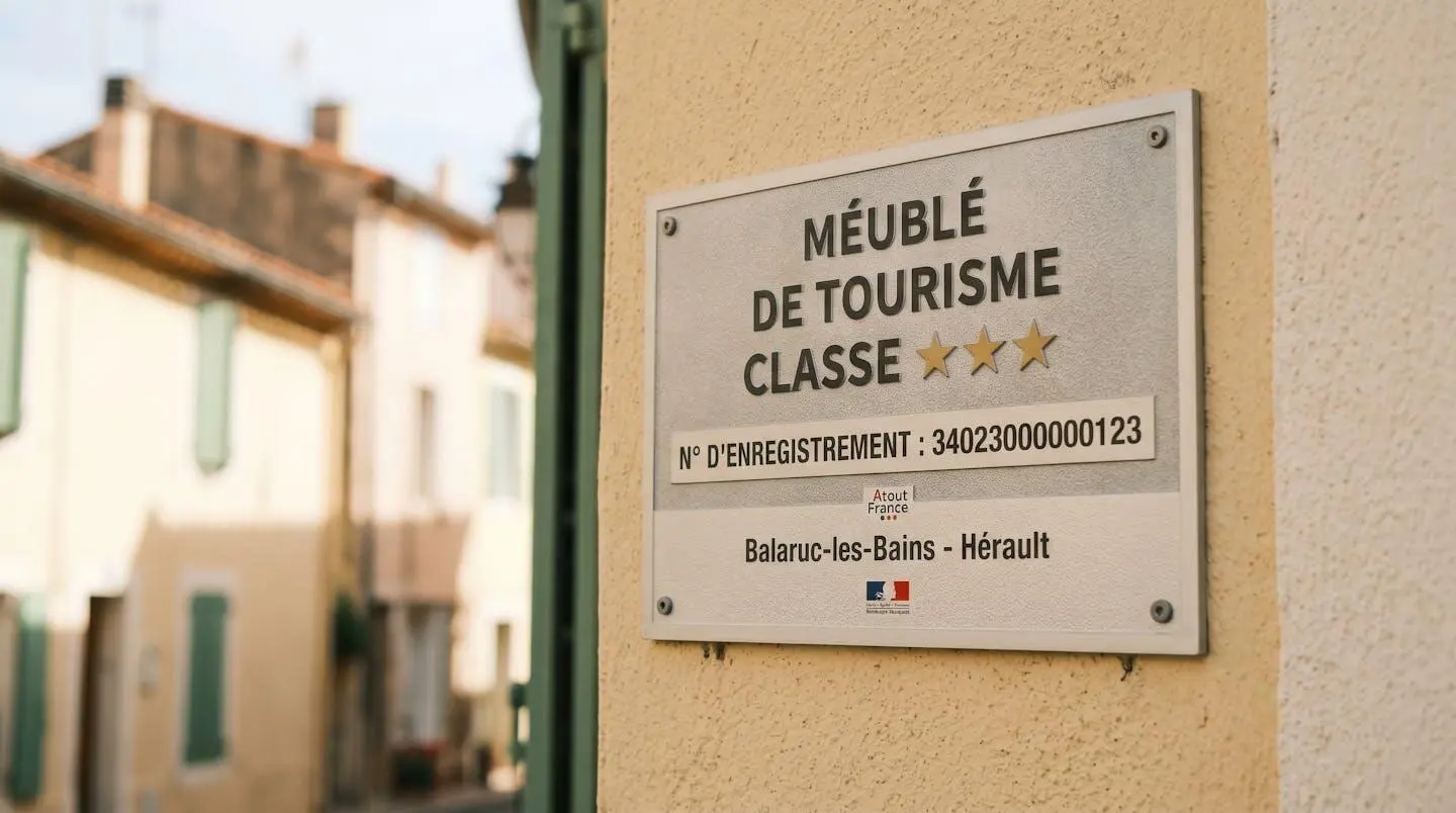 Gros plan sur une plaque officielle de numéro d'enregistrement d'un meublé de tourisme classé avec étoiles, apposée sur le mur extérieur d'un immeuble à Balaruc-les-Bains