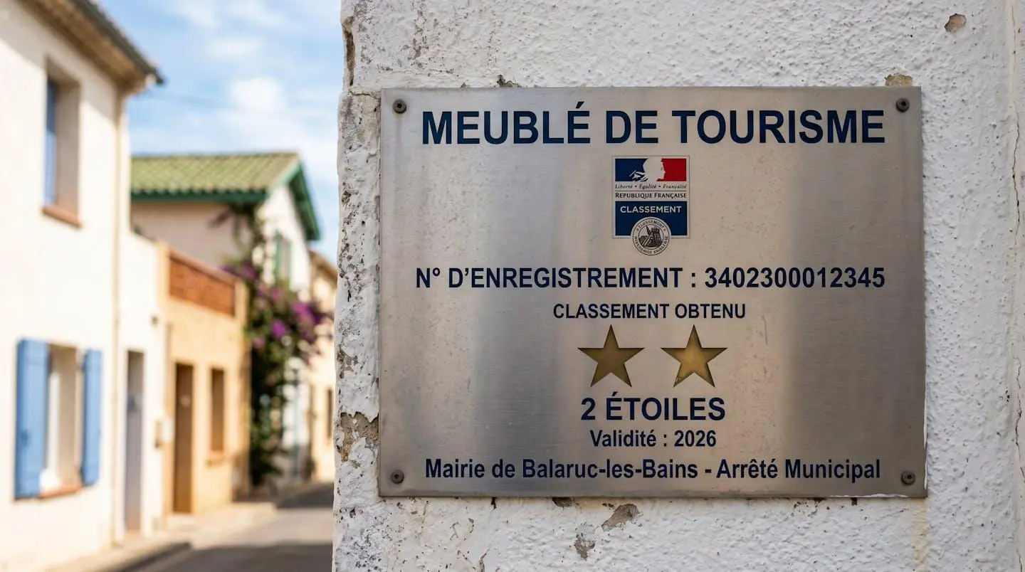 Gros plan sur une plaque officielle de numéro d'enregistrement d'un meublé de tourisme classé avec étoiles, apposée sur le mur extérieur d'un immeuble à Balaruc-les-Bains