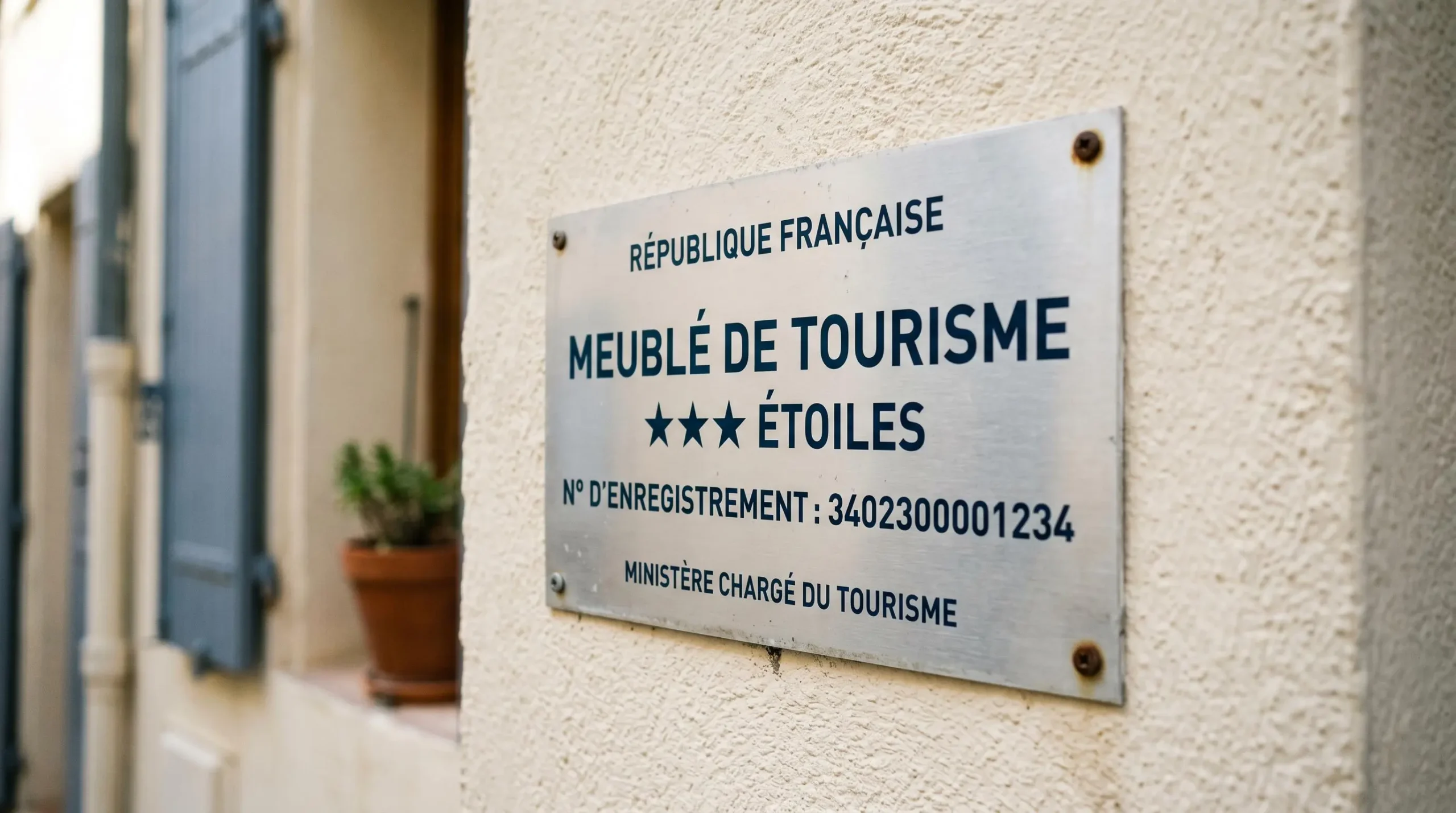 Gros plan sur une plaque officielle de numéro d'enregistrement d'un meublé de tourisme classé avec étoiles, apposée sur le mur extérieur d'un immeuble à Balaruc-les-Bains