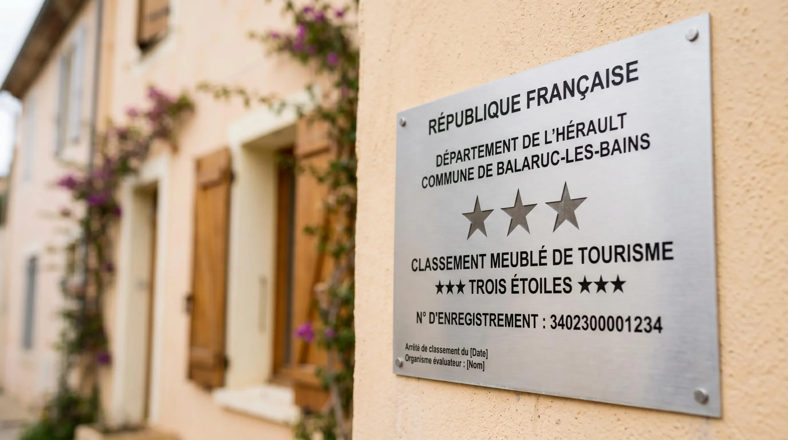 Gros plan sur une plaque officielle de numéro d'enregistrement d'un meublé de tourisme classé avec étoiles, apposée sur le mur extérieur d'un immeuble à Balaruc-les-Bains