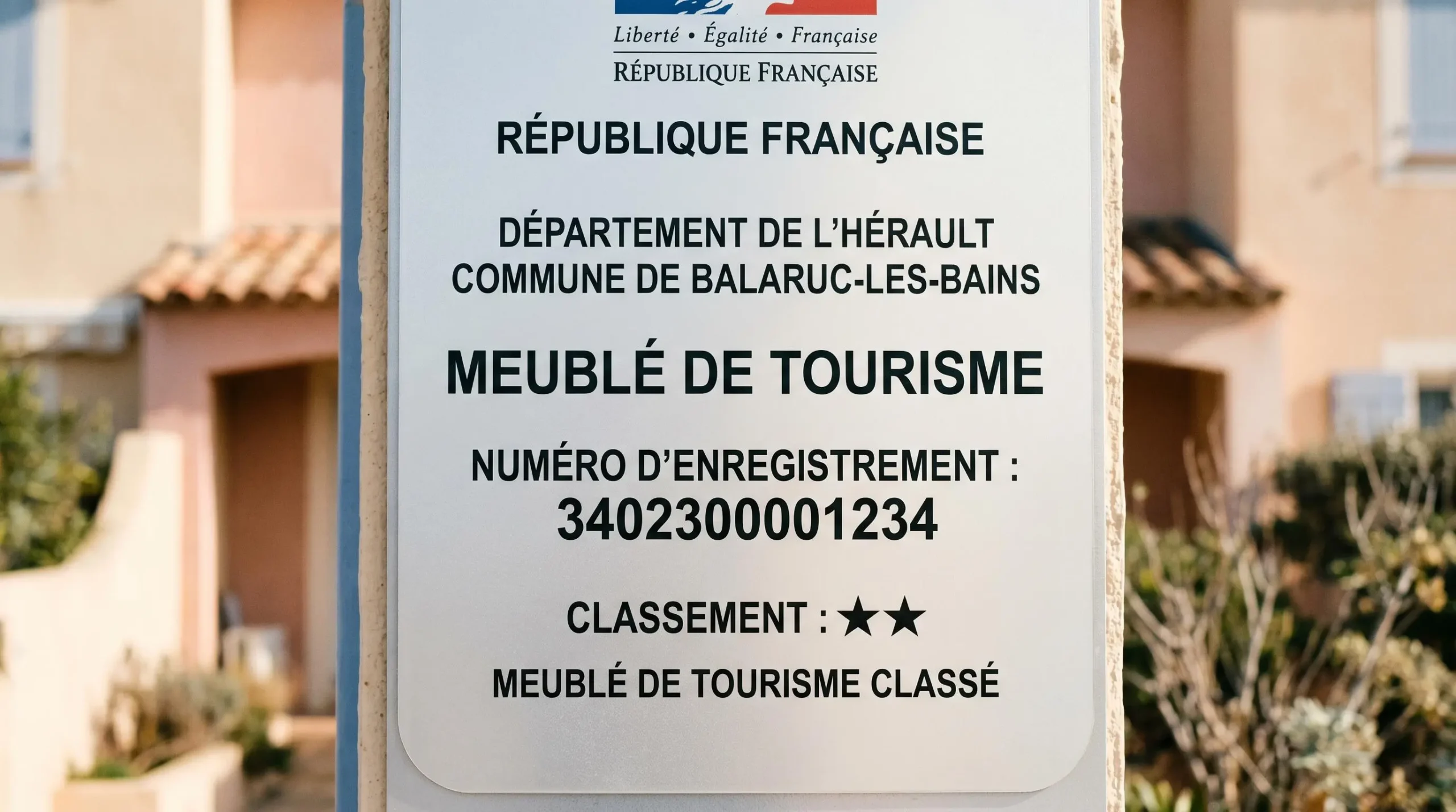Gros plan sur une plaque officielle de numéro d'enregistrement d'un meublé de tourisme classé avec étoiles, apposée sur le mur extérieur d'un immeuble à Balaruc-les-Bains