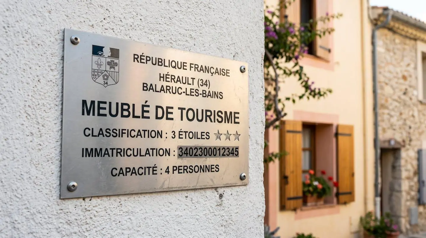 Gros plan sur une plaque officielle de numéro d'enregistrement d'un meublé de tourisme classé avec étoiles, apposée sur le mur extérieur d'un immeuble à Balaruc-les-Bains
