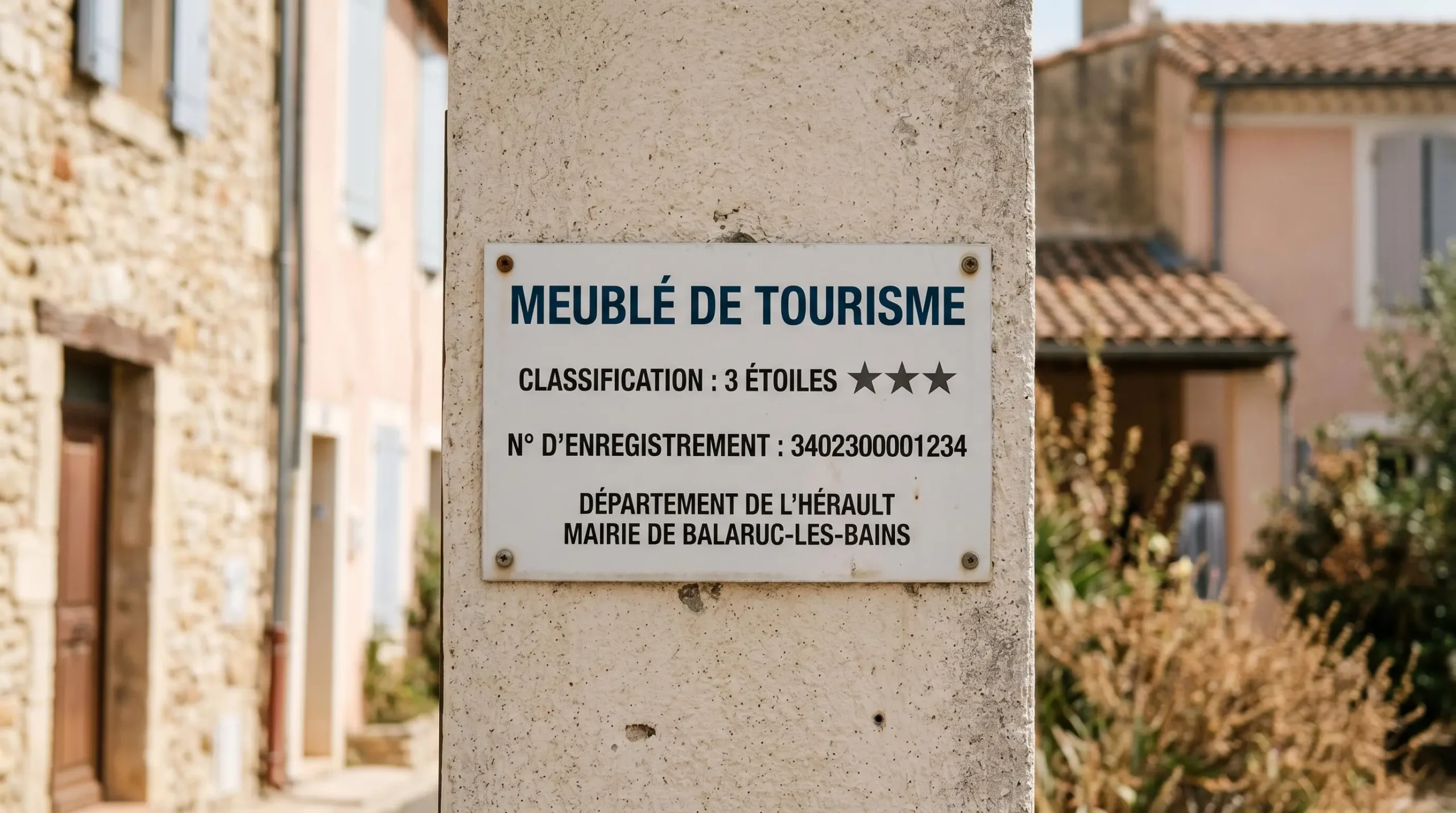 Gros plan sur une plaque officielle de numéro d'enregistrement d'un meublé de tourisme classé avec étoiles, apposée sur le mur extérieur d'un immeuble à Balaruc-les-Bains