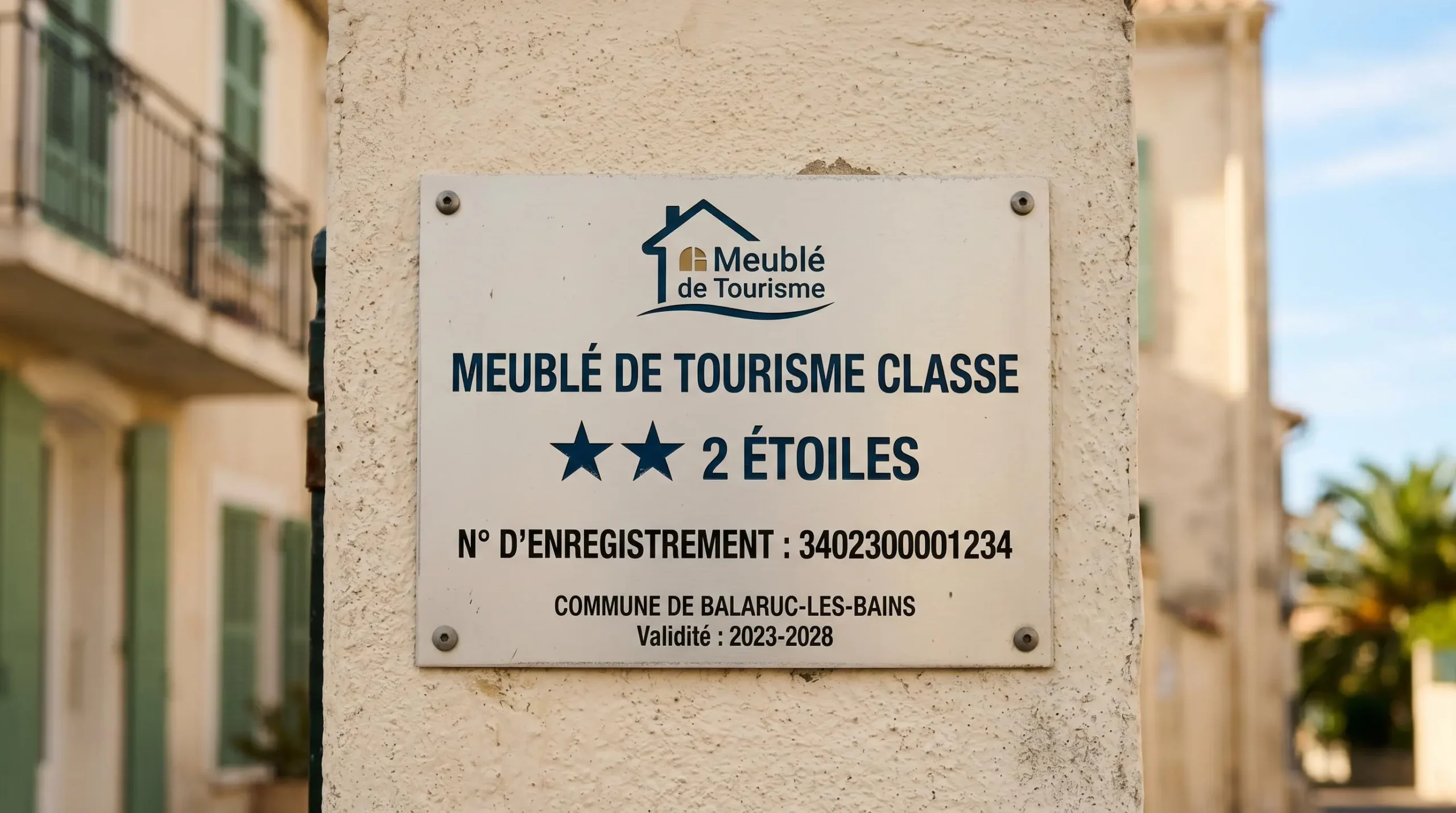 Gros plan sur une plaque officielle de numéro d'enregistrement d'un meublé de tourisme classé avec étoiles, apposée sur le mur extérieur d'un immeuble à Balaruc-les-Bains