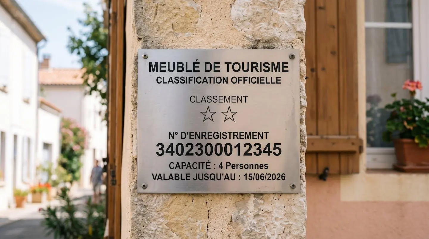 Gros plan sur une plaque officielle de numéro d'enregistrement d'un meublé de tourisme classé avec étoiles, apposée sur le mur extérieur d'un immeuble à Balaruc-les-Bains