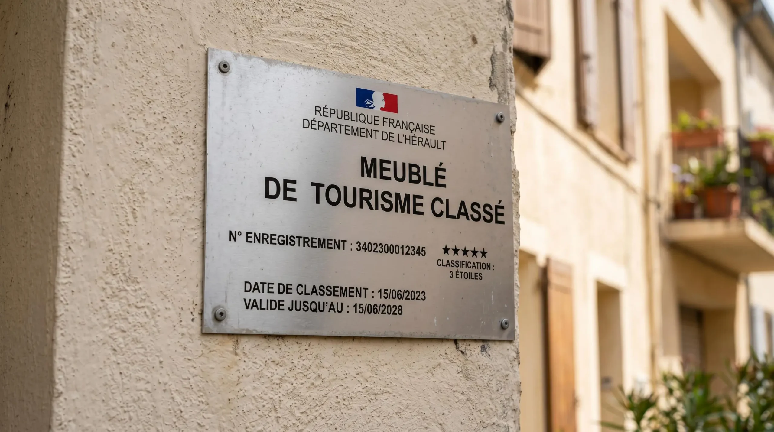 Gros plan sur une plaque officielle de numéro d'enregistrement d'un meublé de tourisme classé avec étoiles, apposée sur le mur extérieur d'un immeuble à Balaruc-les-Bains